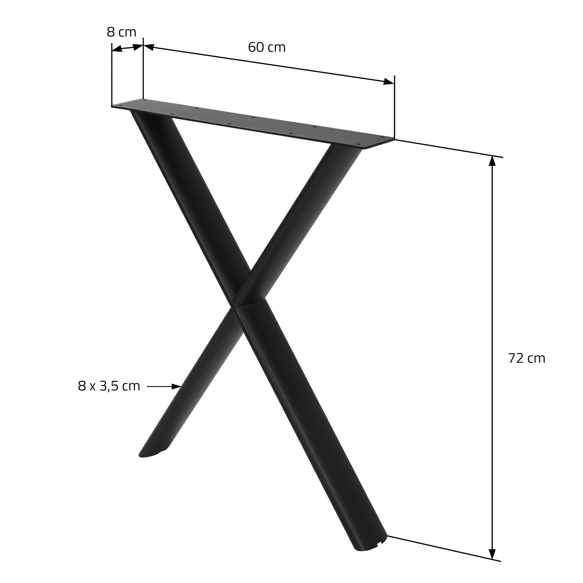 Un dibujo técnico de una pata de mesa con medidas en negro.