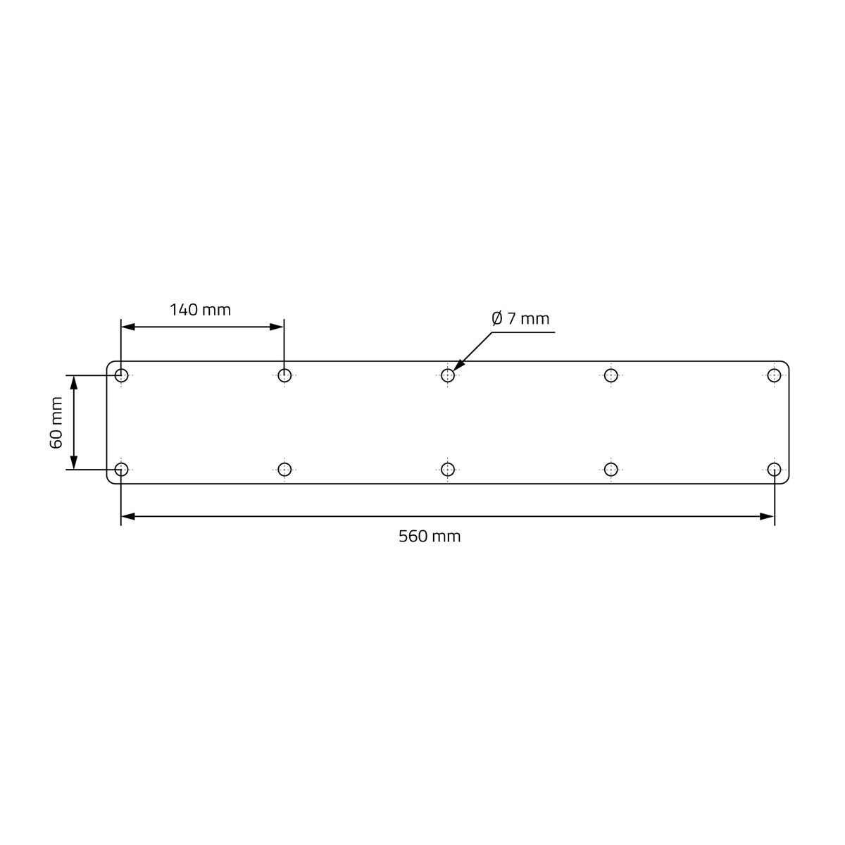 Desen tehnic al unei piese metalice, cu dimensiuni și găuri de găurire.