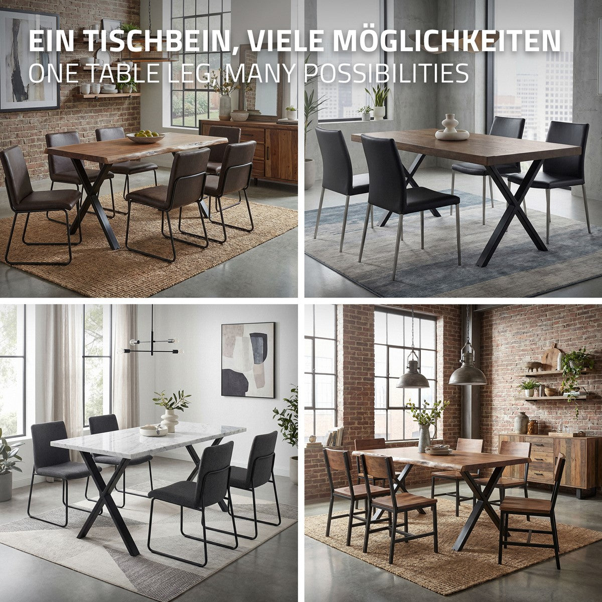 Quatro imagens de mesas de jantar com diferentes combinações de cadeiras e pernas de mesa.