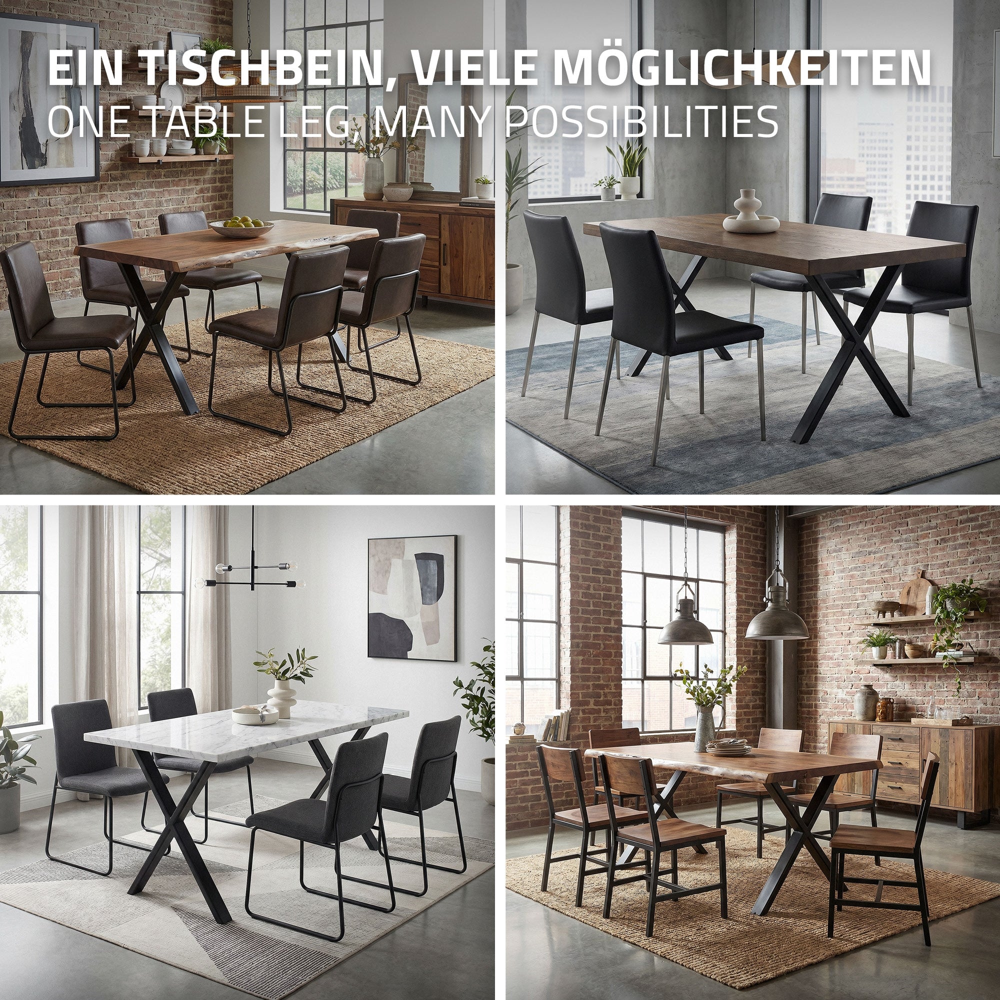 Vier Bilder von Esstischen mit verschiedenen Stuhl- und Tischbeinkombinationen.