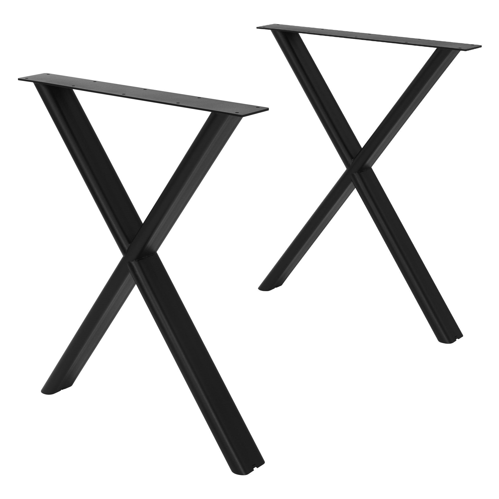 Zwei schwarze Tischbeine in X-Form auf weißem Hintergrund.