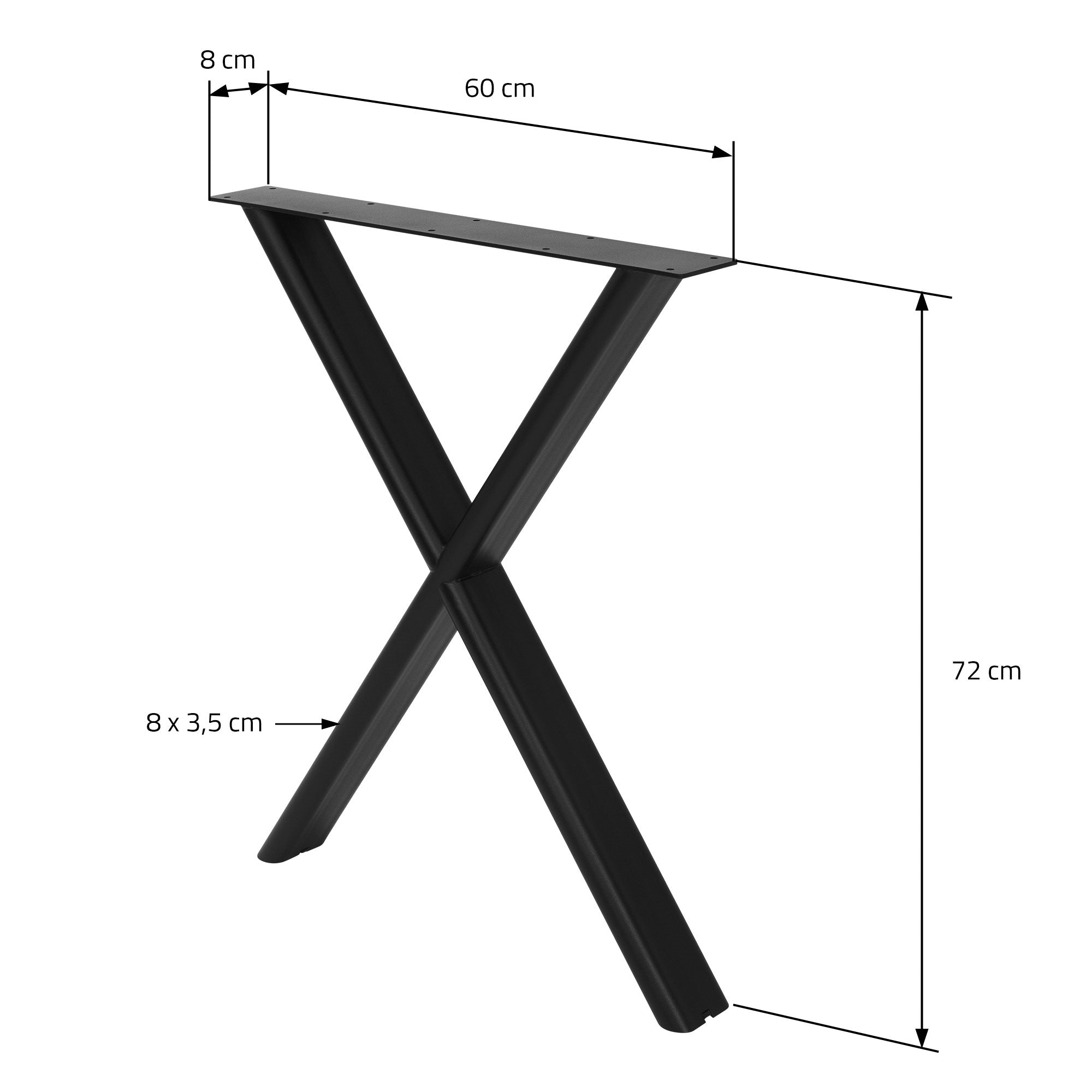 Schwarzes X-förmiges Tischbein mit Maßen: 60 cm Breite, 72 cm Höhe, 8 cm Tiefe.