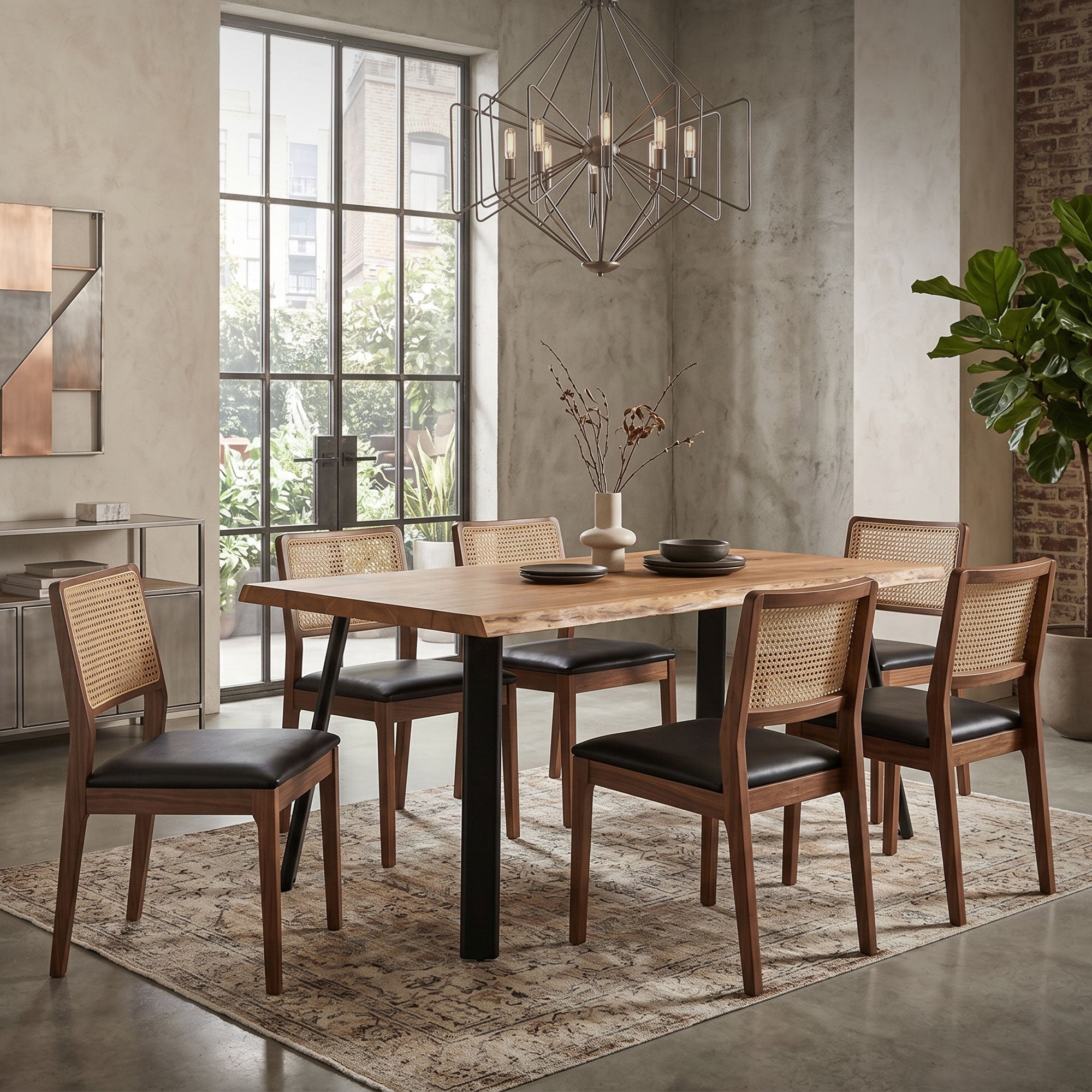 Una sala da pranzo con un tavolo di legno, sei sedie e una lampada moderna.