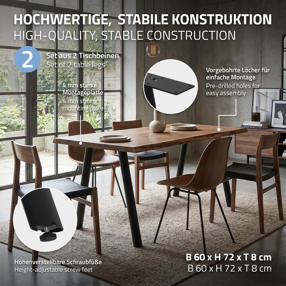 Tisch mit stabilen Beinen und Schraubfüßen zur Höhenverstellung.