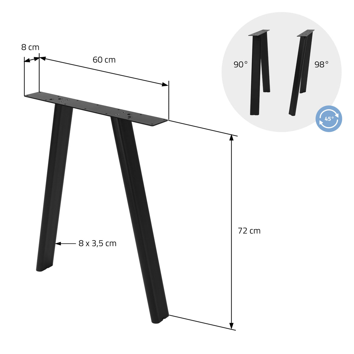 Černá noha stolu s rozměry: 60 cm šířka, 72 cm výška, 8 cm hloubka.