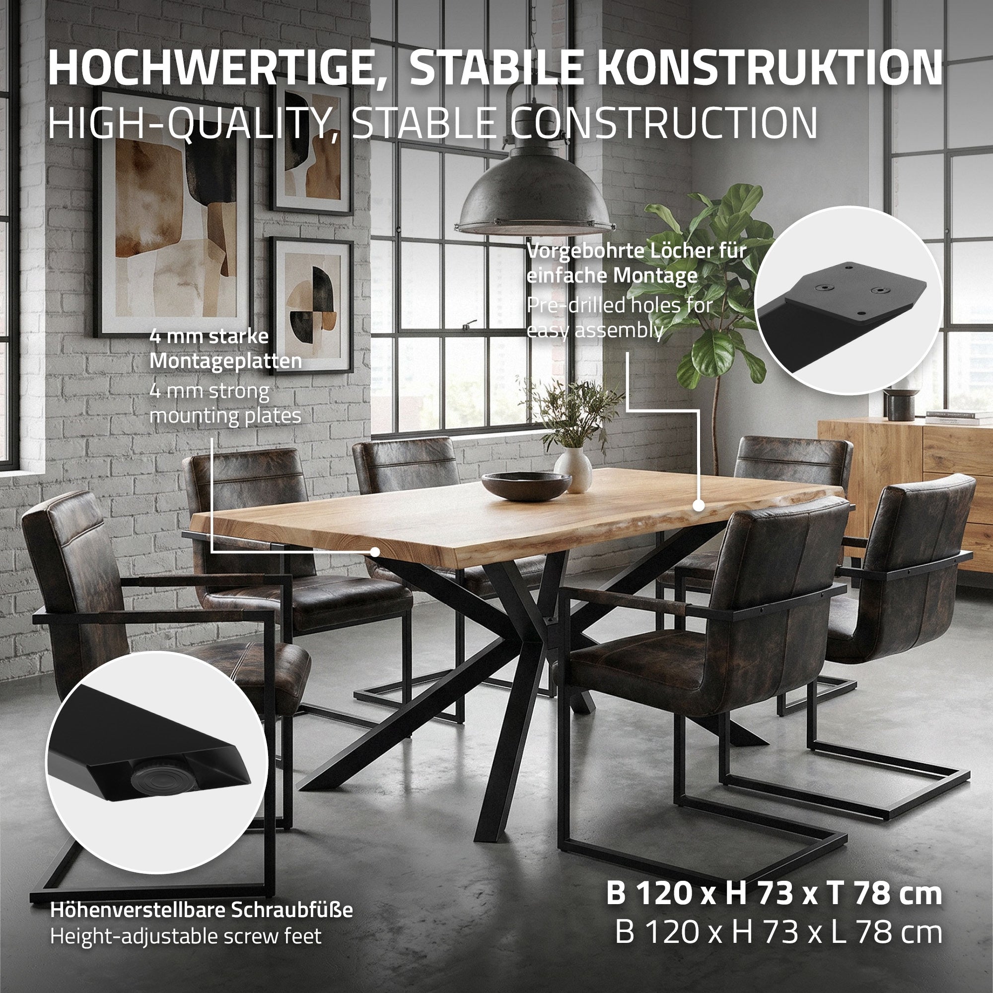Ein Esstisch mit stabilen Beinen und Stühlen in einem modernen Raum.