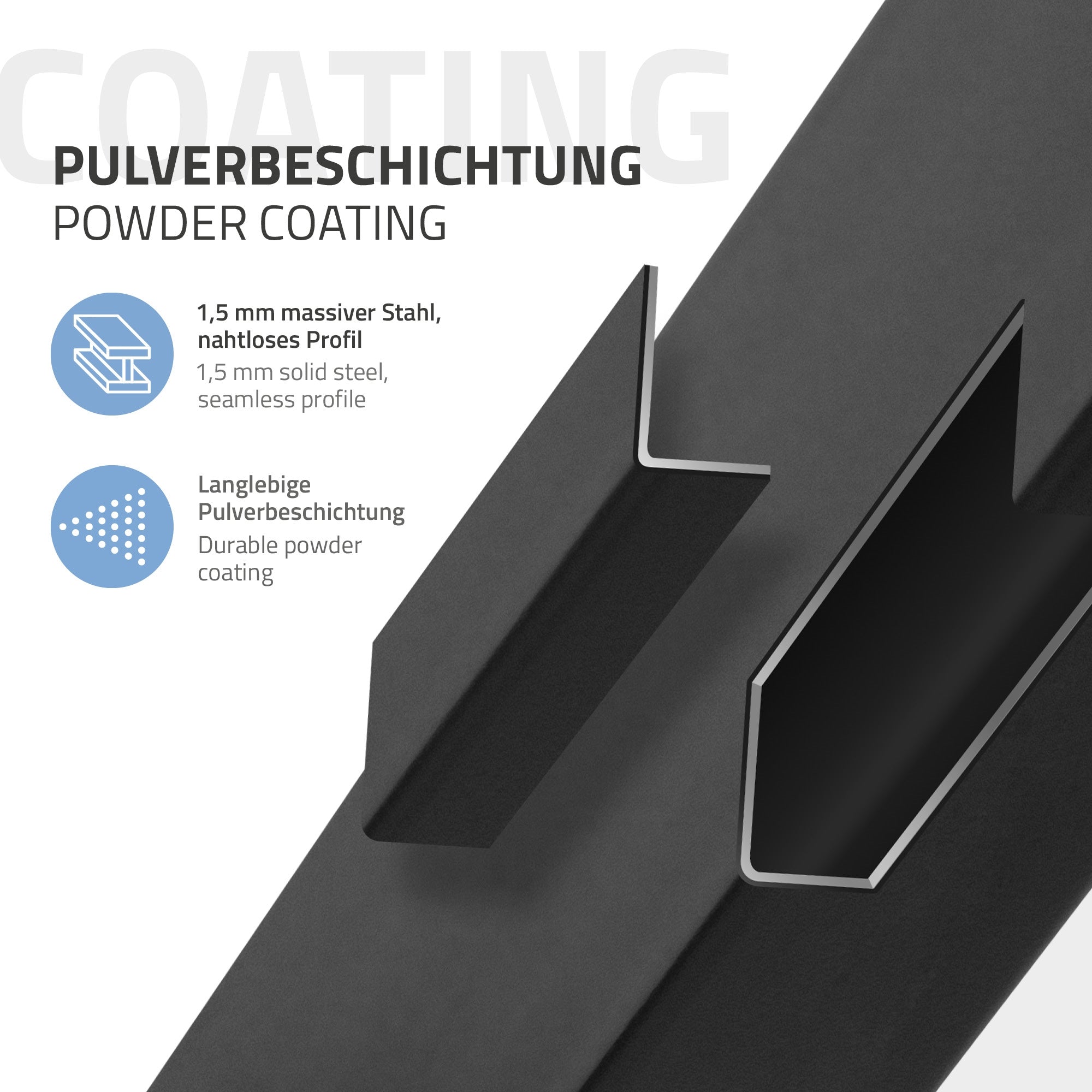 Detailansicht eines schwarzen Metallprofils mit Informationen zur Pulverbeschichtung.
