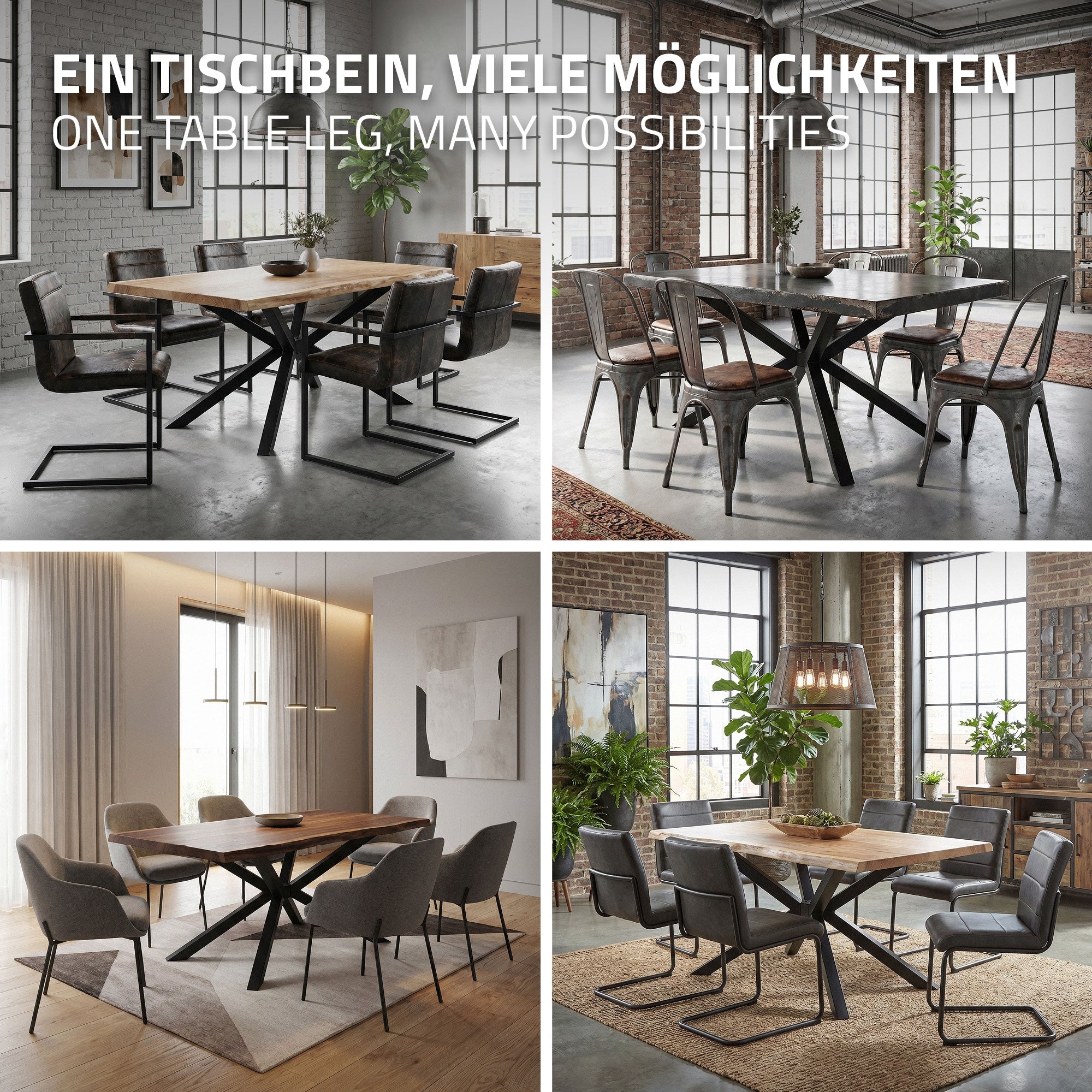 Vier Tische mit unterschiedlichen Designs und Stühlen in einem modernen Raum.
