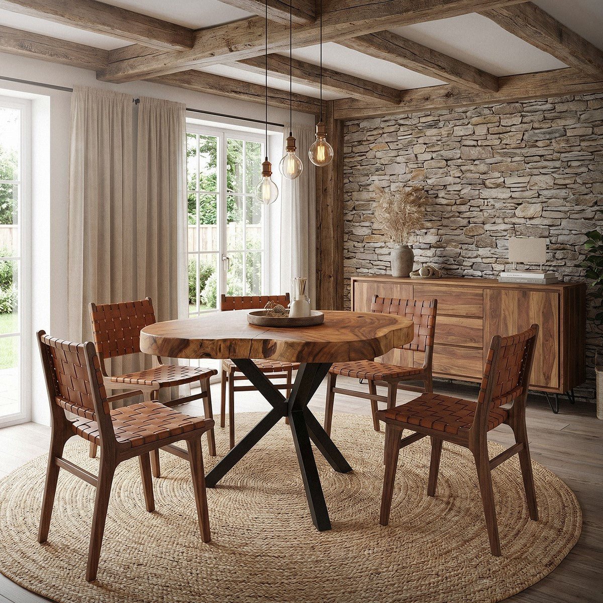 Ein Esszimmer mit einem runden Holztisch und vier Stühlen, umgeben von Fenstern und Steinwand.