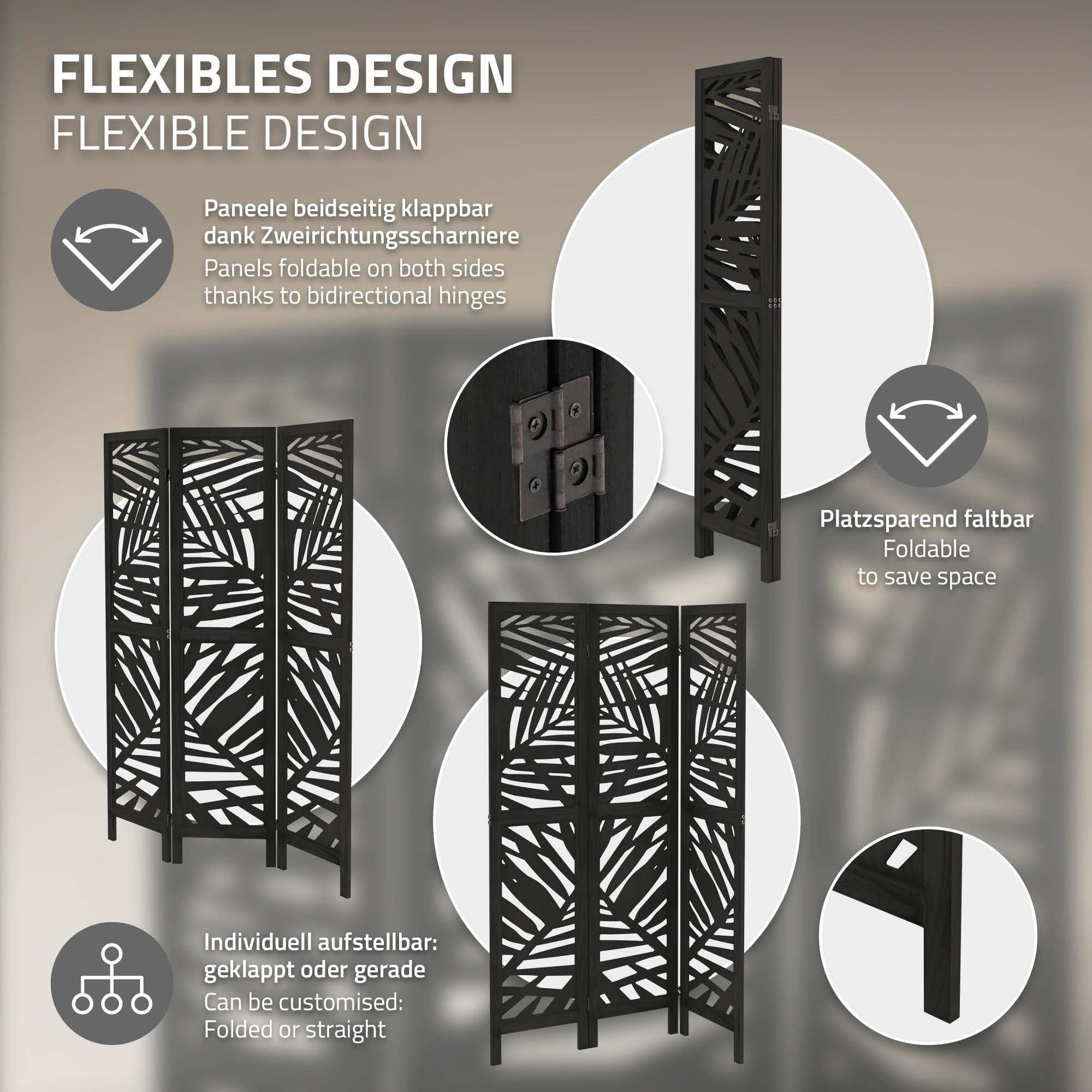 Grafik mit flexiblen Designmerkmalen eines klappbaren Raumteilers.