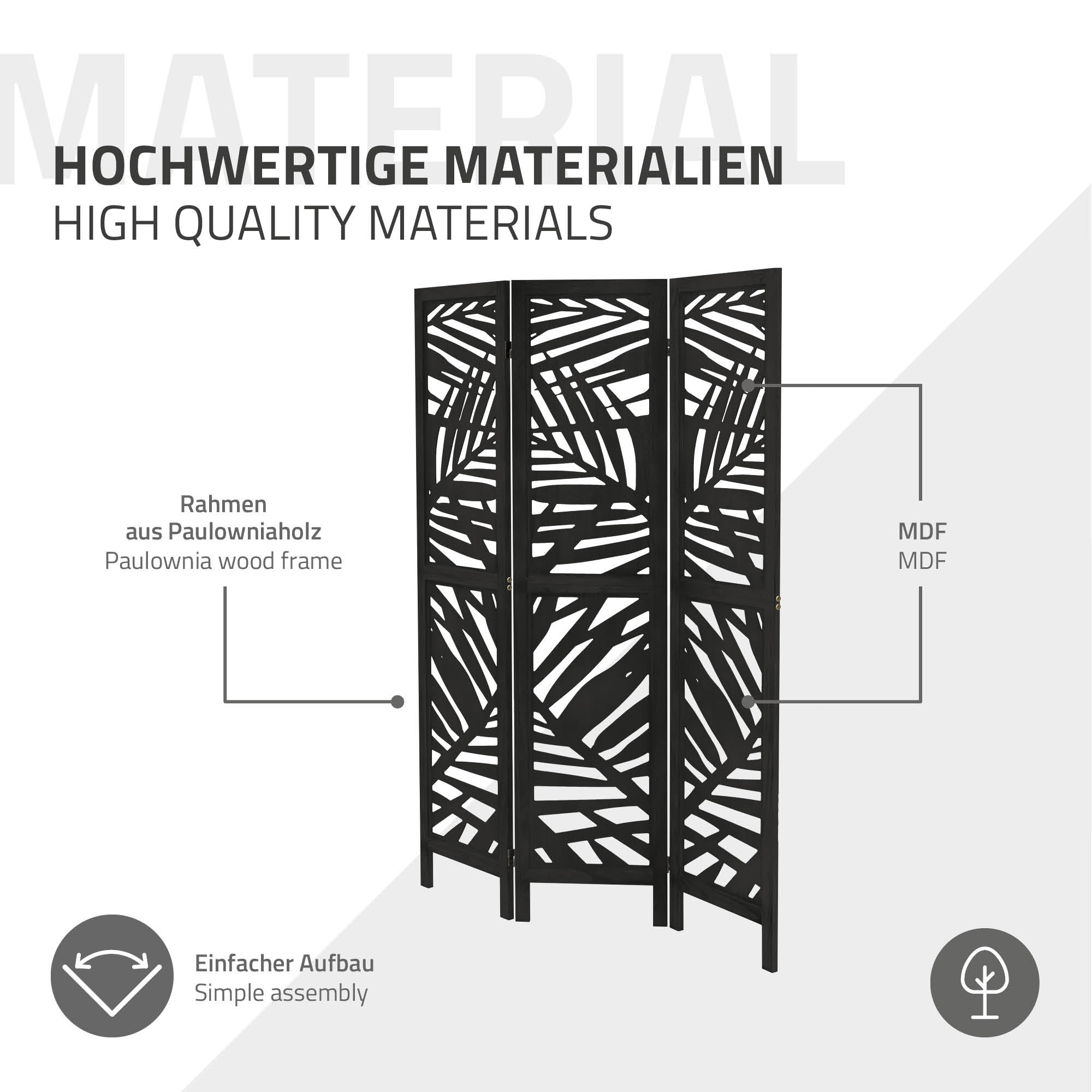 Raumteiler aus Paulowniaholz mit dekorativem Muster und MDF-Elementen.