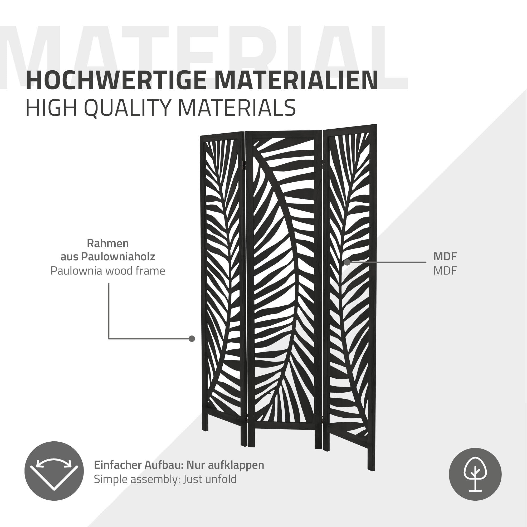 Raumteiler mit schwarzem Rahmen und einem Blattmuster aus MDF.