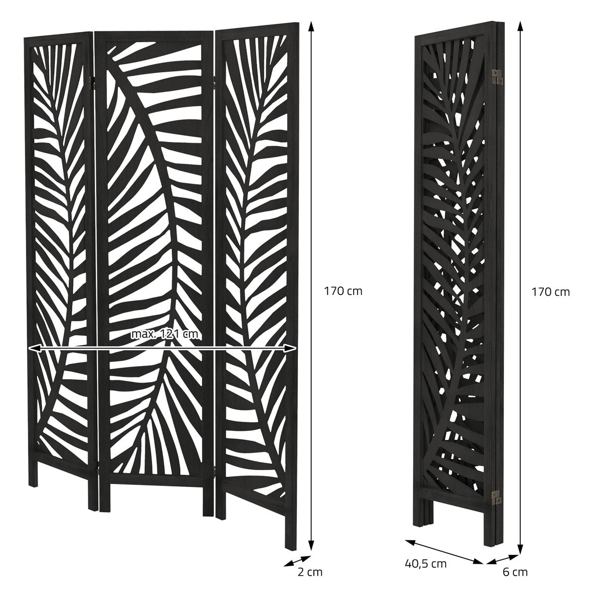 Paravan negru din lemn cu modele de frunze, dimensiuni: 170 cm înălțime, 40,5 cm lățime.