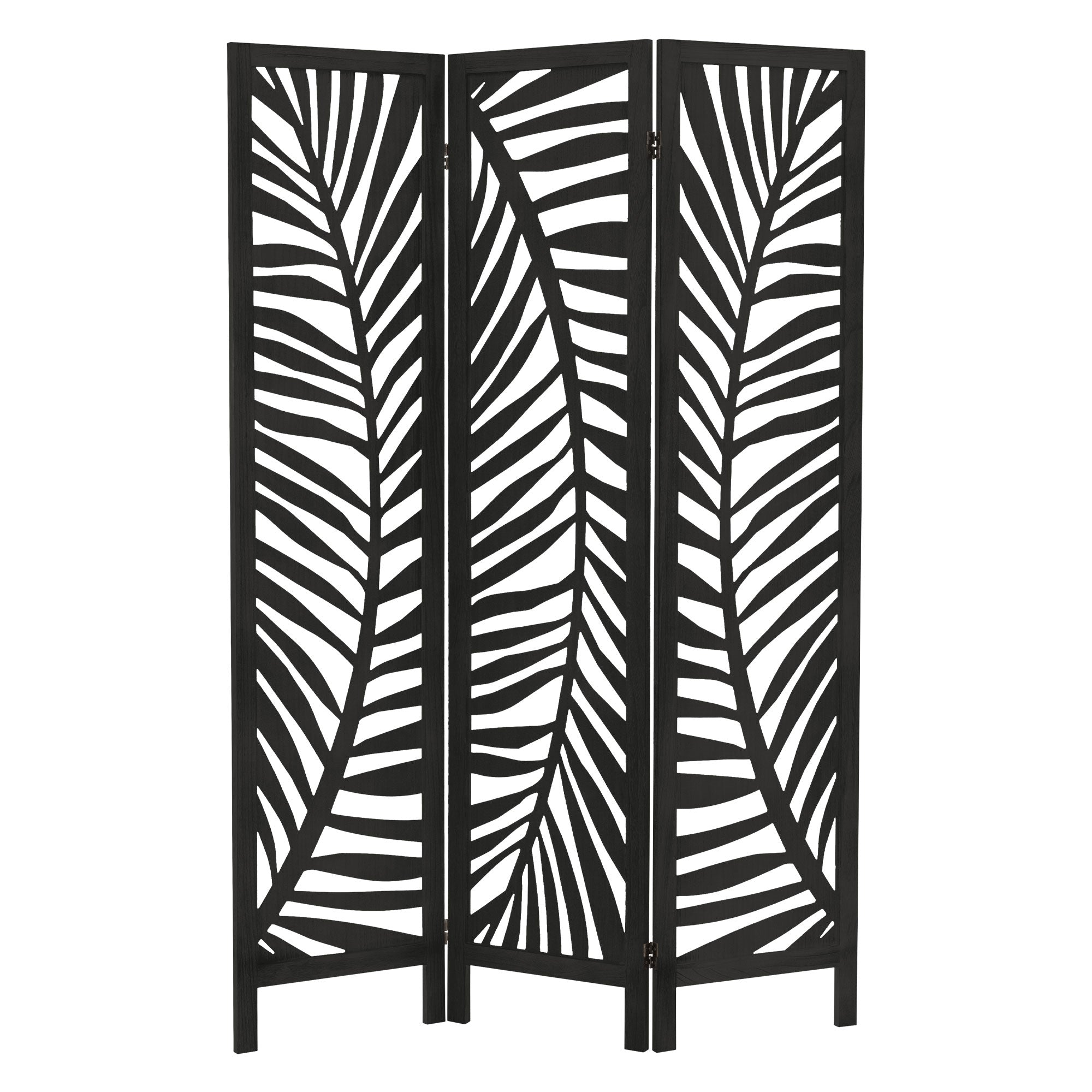 Raumteiler mit einem geschwungenen Blattmuster in schwarzem Design.