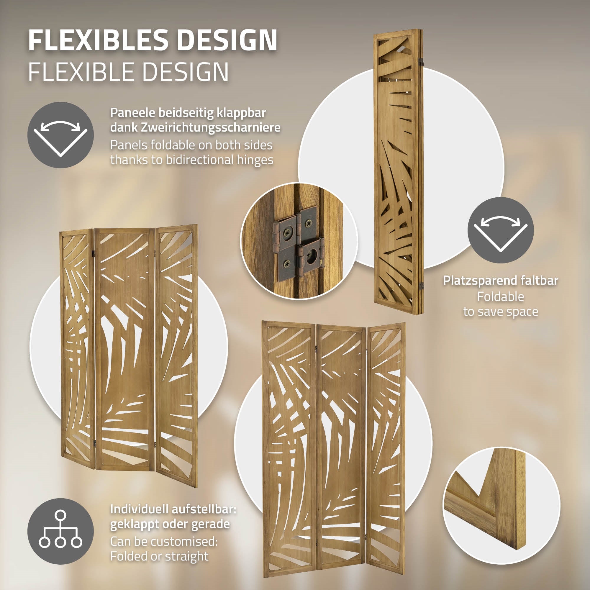Dreiteiliger Paravent mit geschwungenem Design und klappbaren Paneelen.