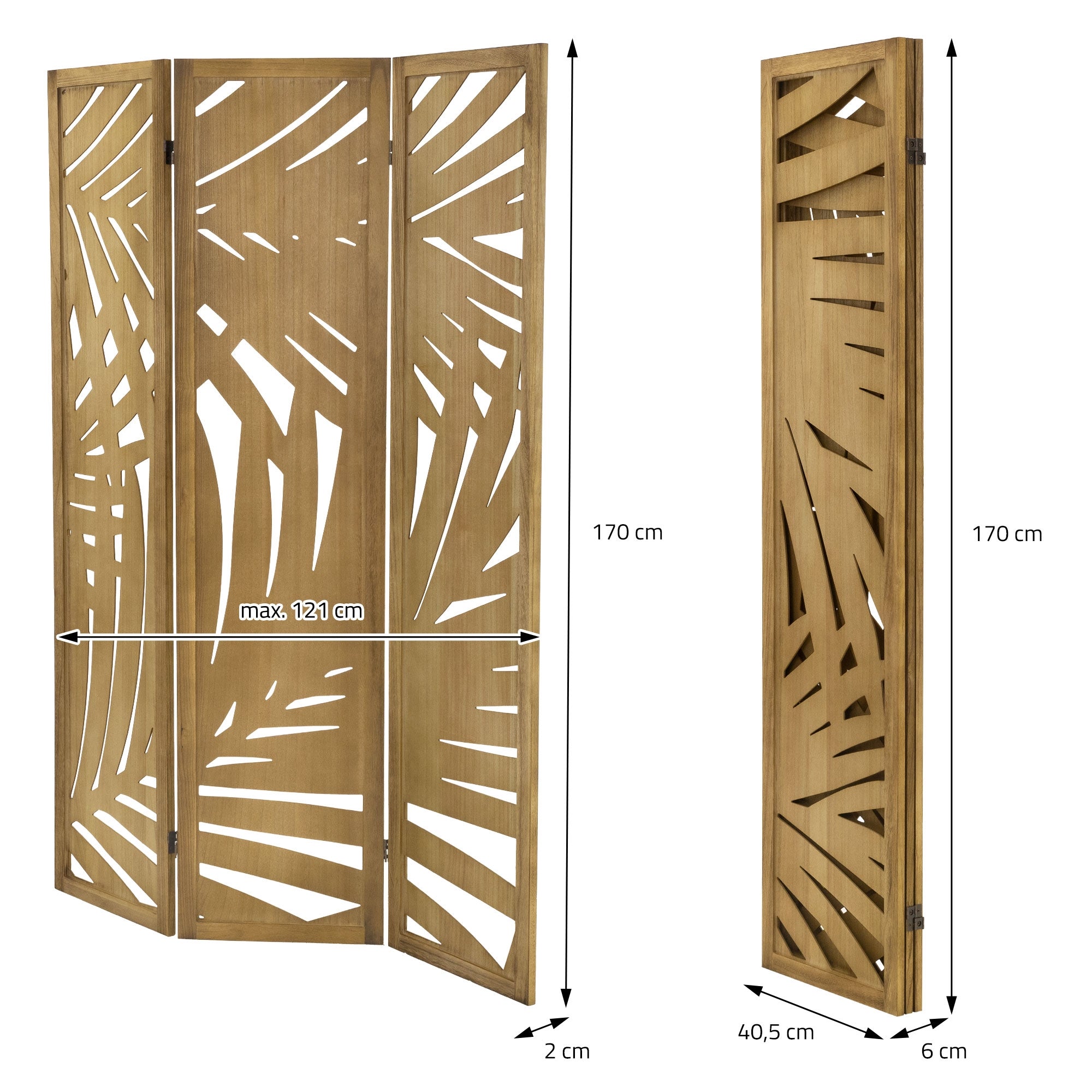 Raumteiler aus Holz mit dekorativen Mustern, Maße: 170 cm hoch, 40,5 cm breit.