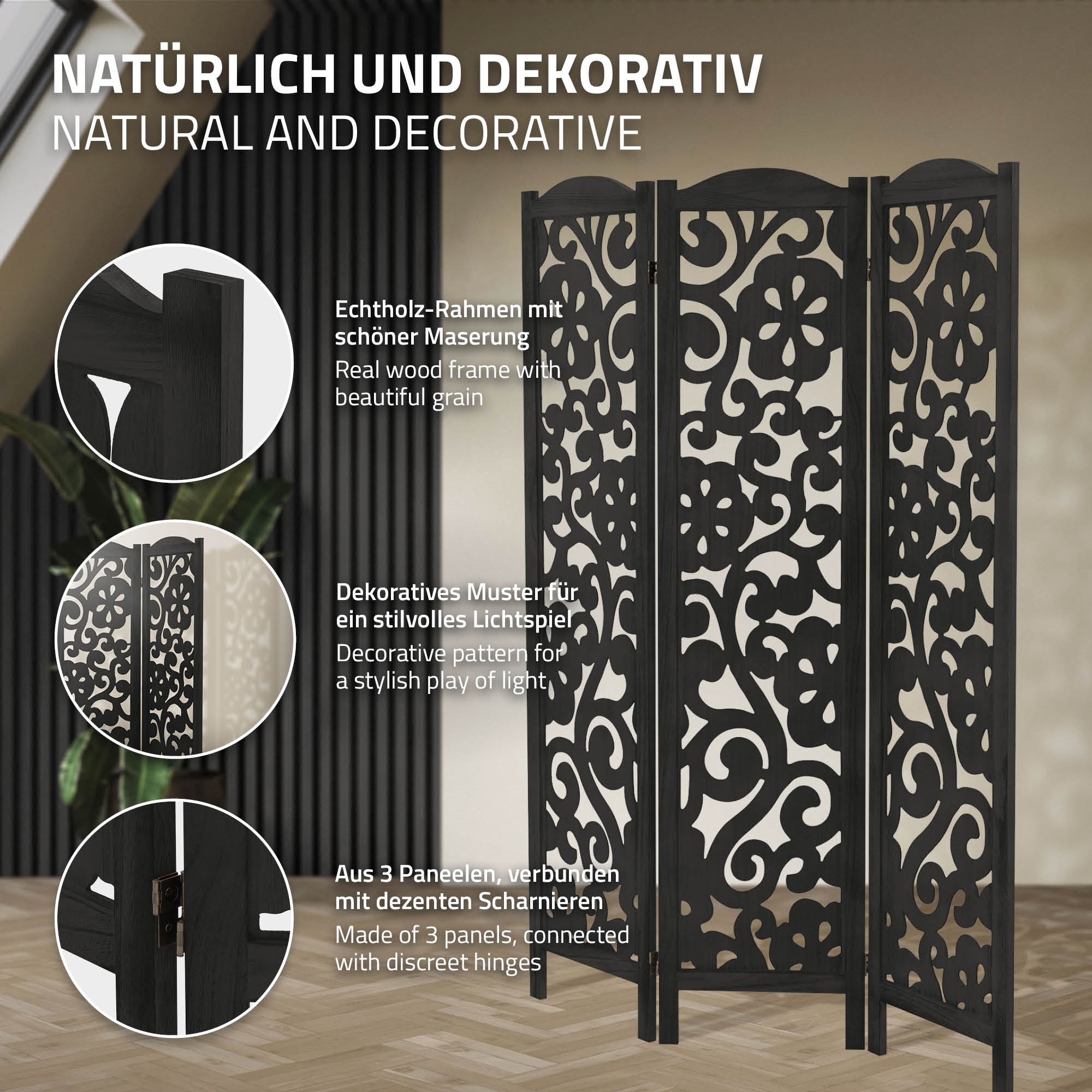 Dekorativer Raumteiler mit stilvollem Design und echtem Holzrahmen.