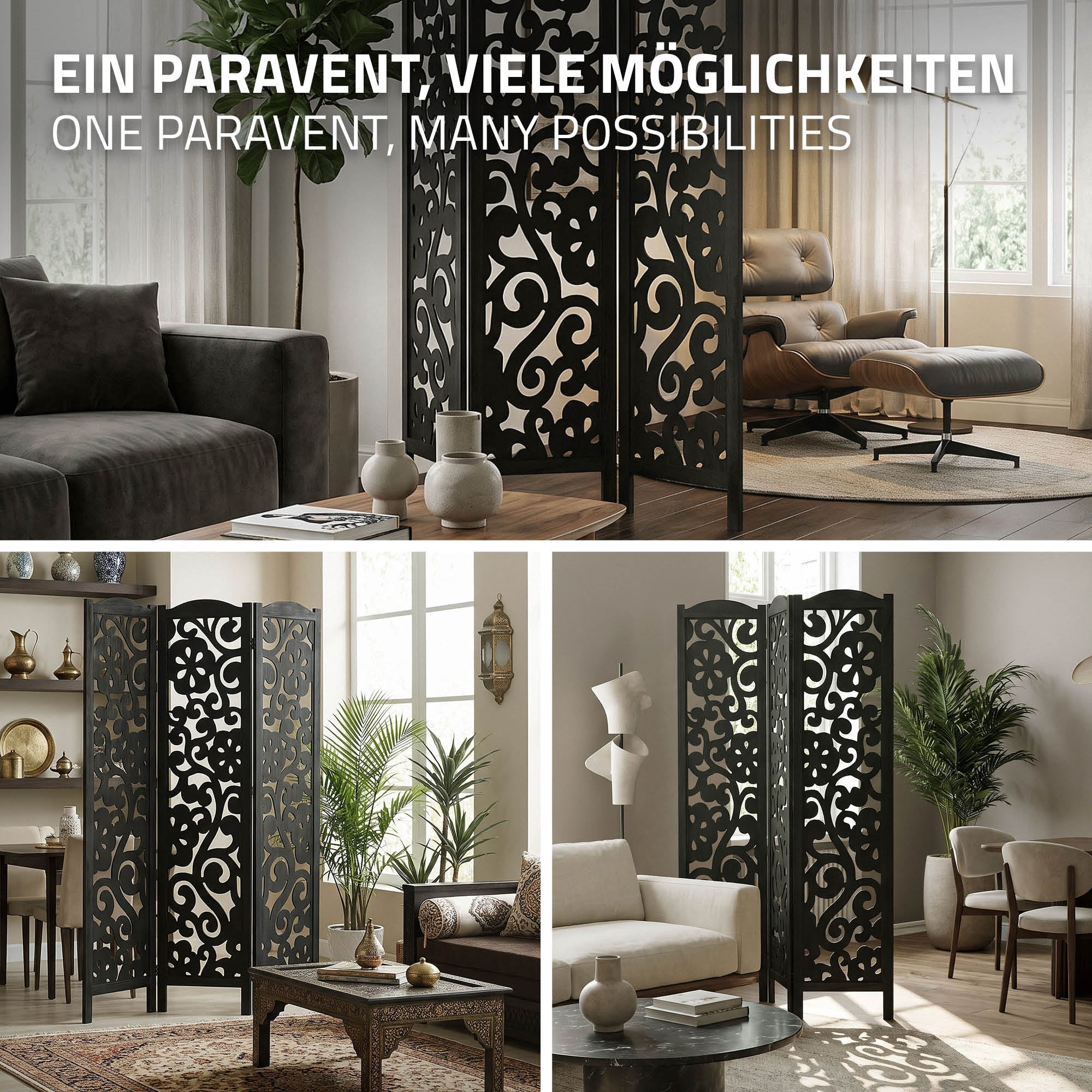Dreiteiliger Paravent mit floralen Mustern in einem modernen Raum.