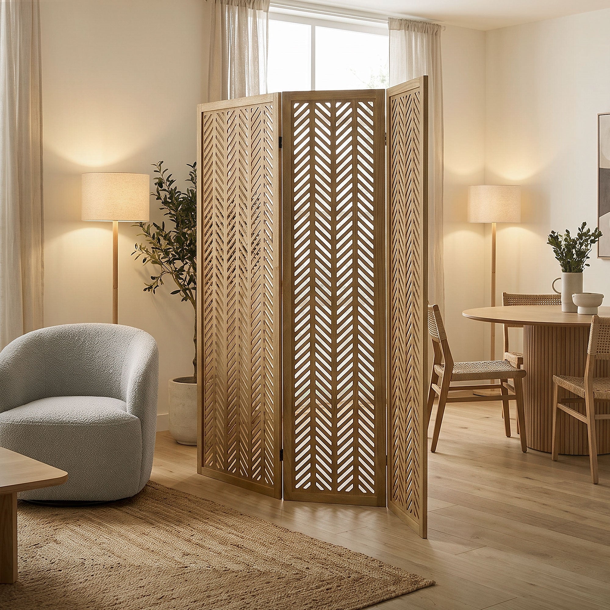 Holzfarbener Raumteiler in einem modernen Wohnraum mit Sofa und Tisch.
