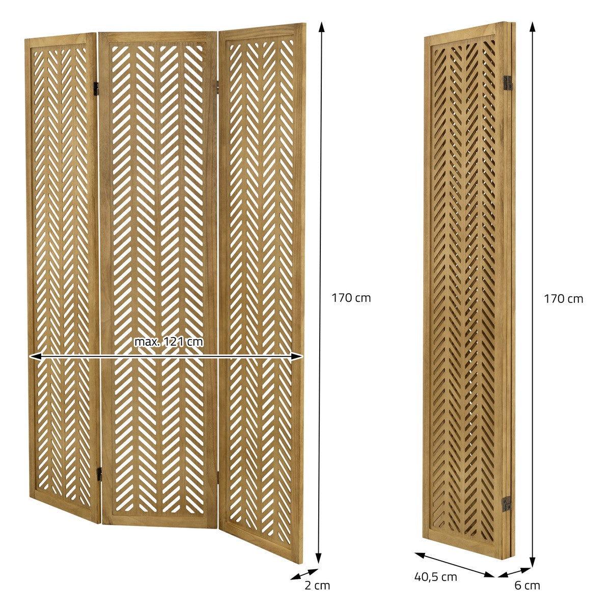 Paravan din lemn cu trei panouri, cu model geometric și dimensiuni.