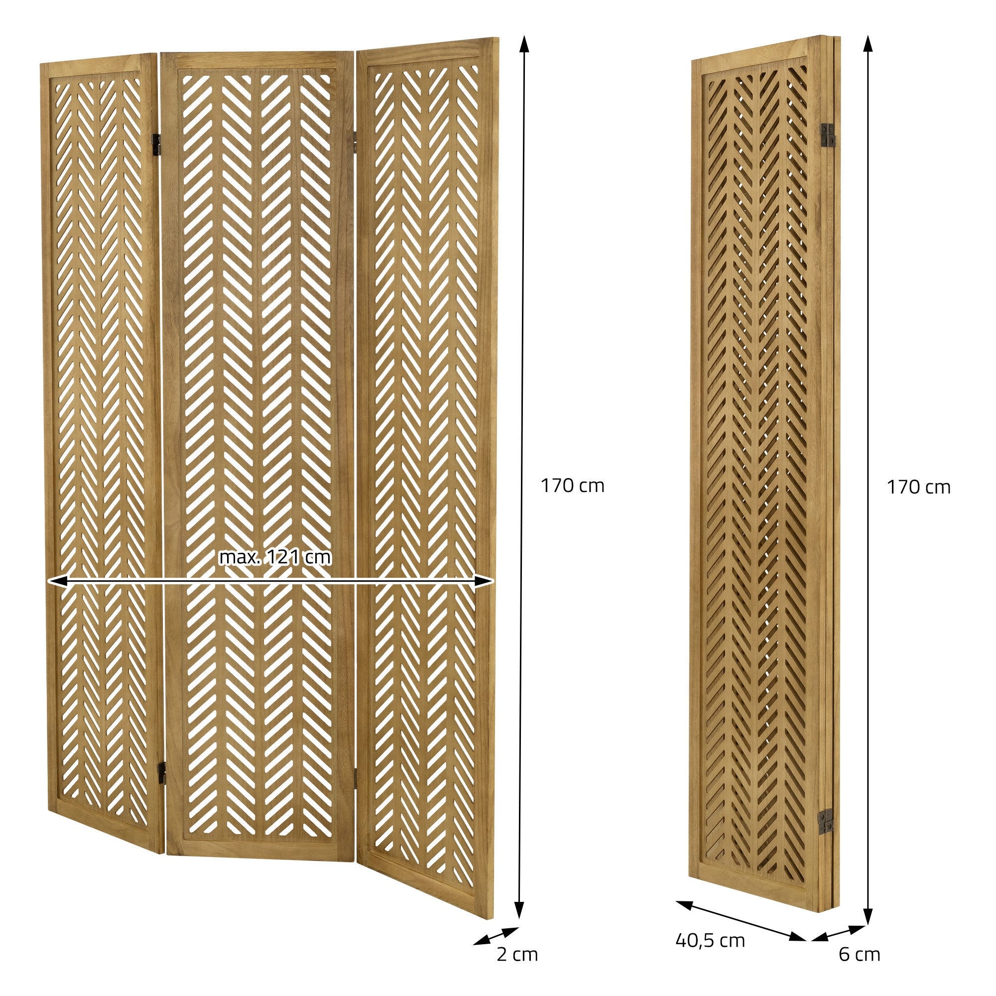 Dreiflügeliger Raumteiler aus Holz mit geometrischem Muster und Maßen.