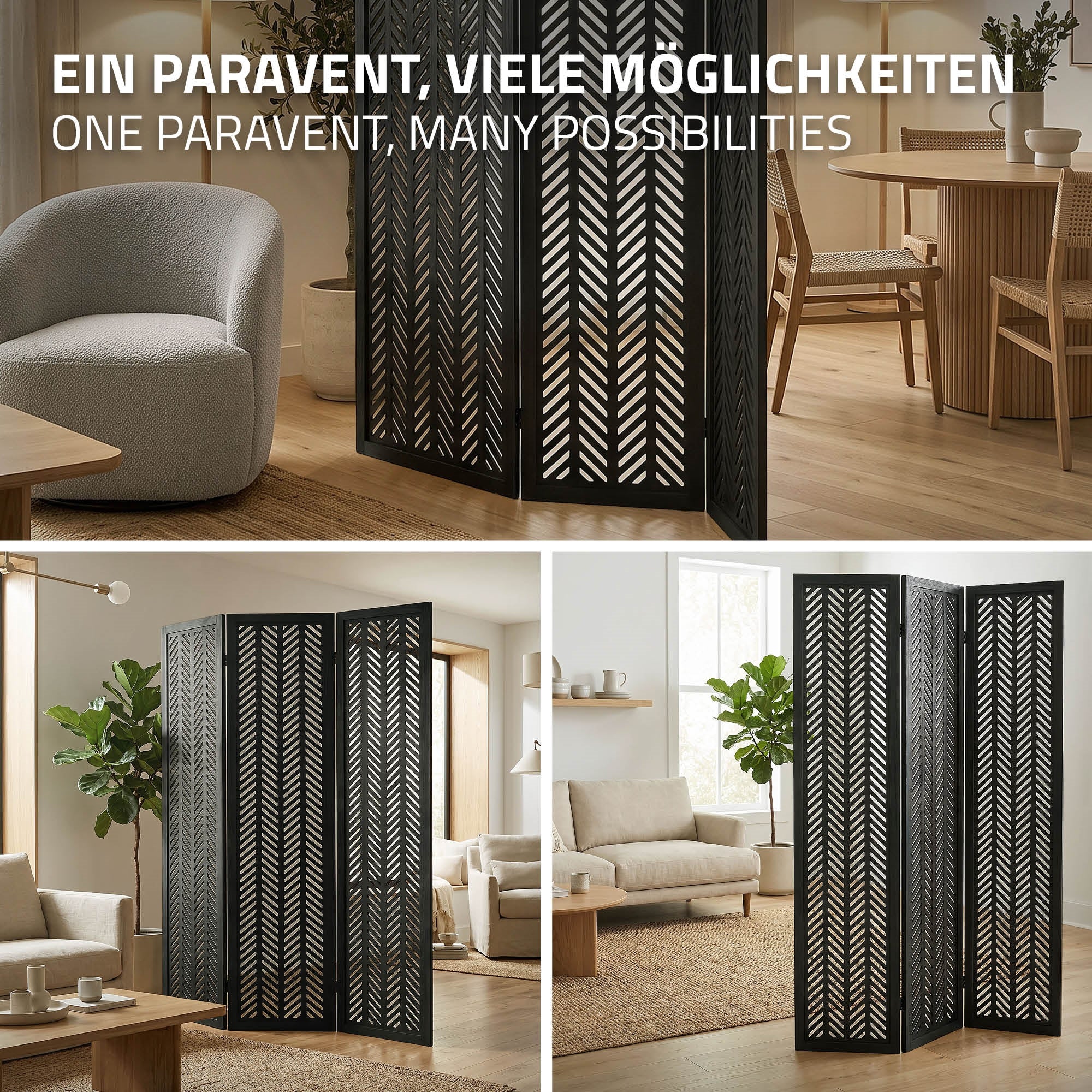 Raum mit einem schwarzen Paravent und Möbeln in einem hellen, modernen Stil.