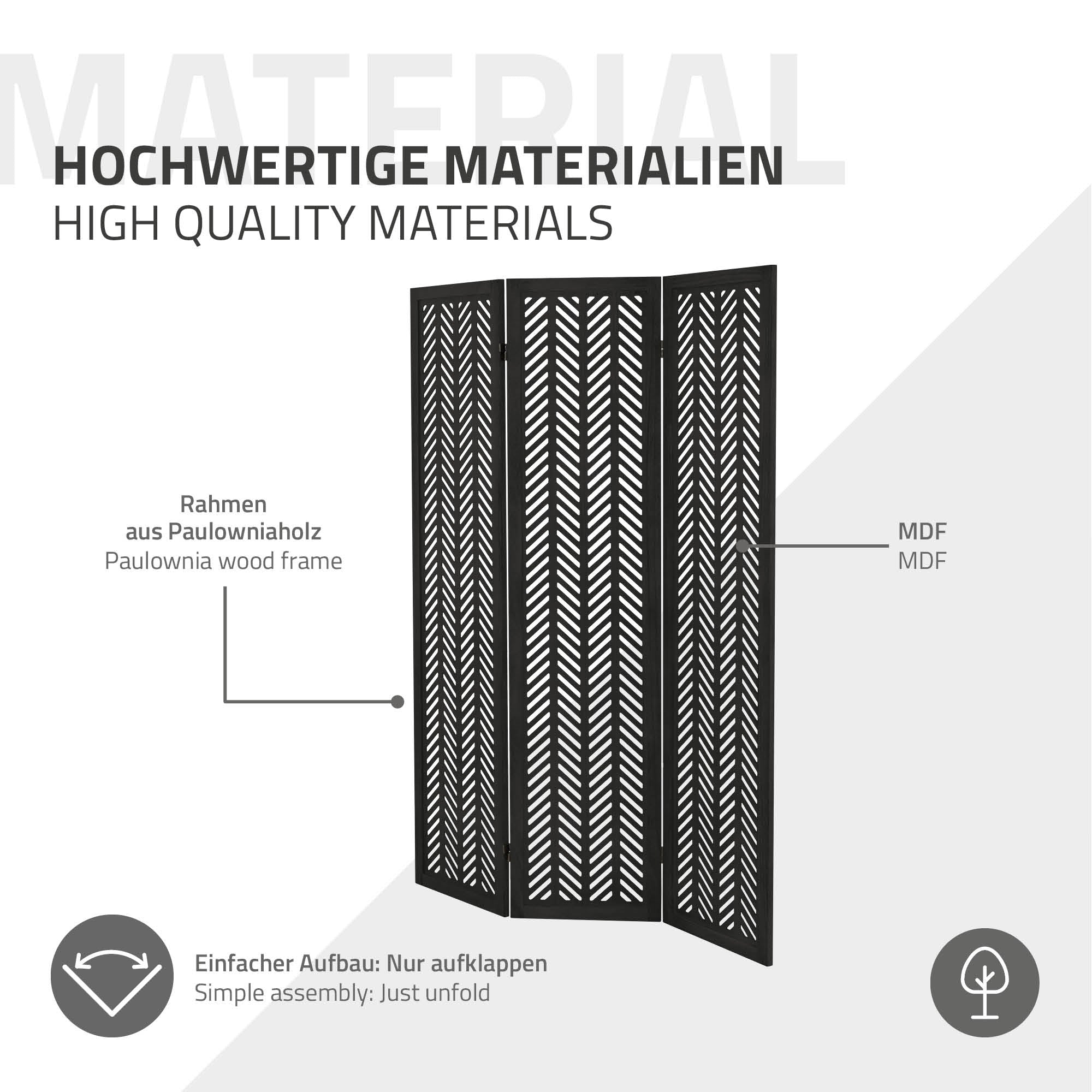 Grafik mit Informationen zu hochwertigen Materialien und einfachem Aufbau.