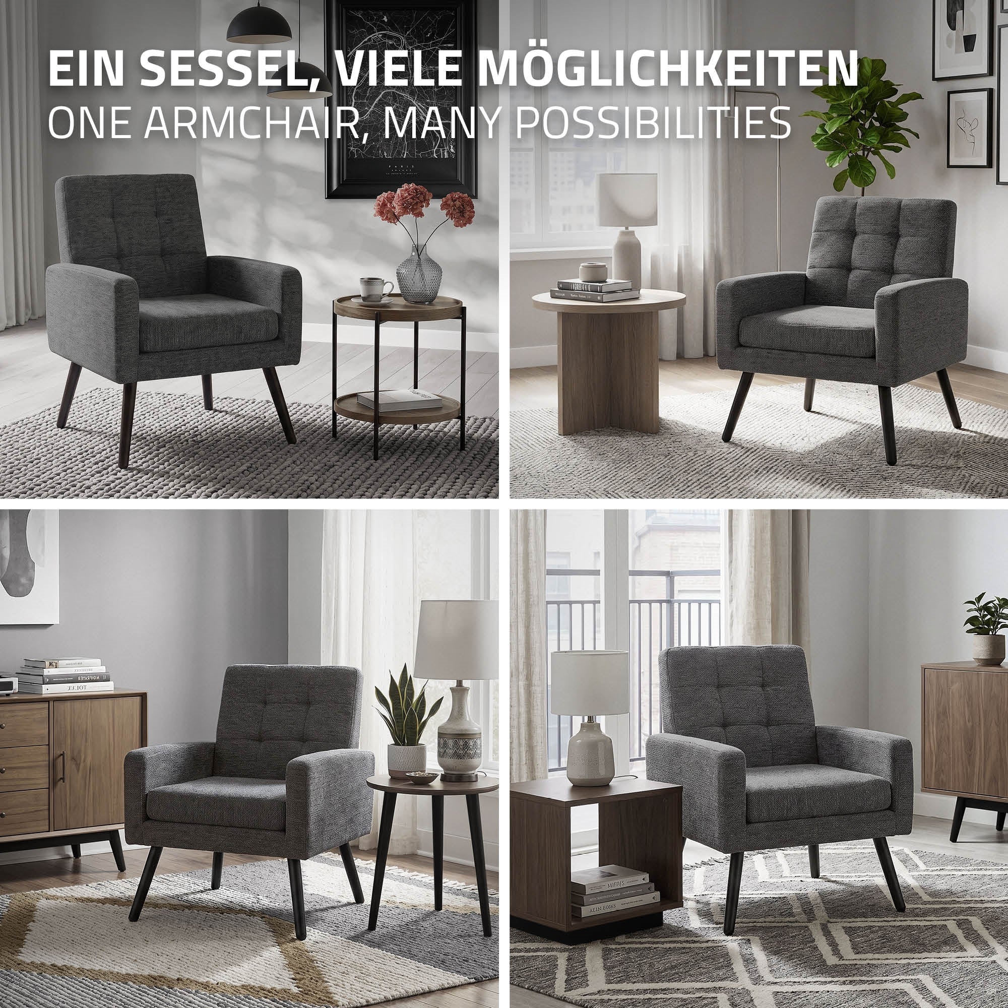 Vier Bilder eines grauen Sessels in verschiedenen Wohnräumen.