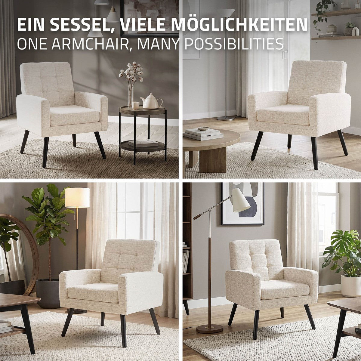 Collage de quatre fauteuils de différentes couleurs et d’un lampadaire.
