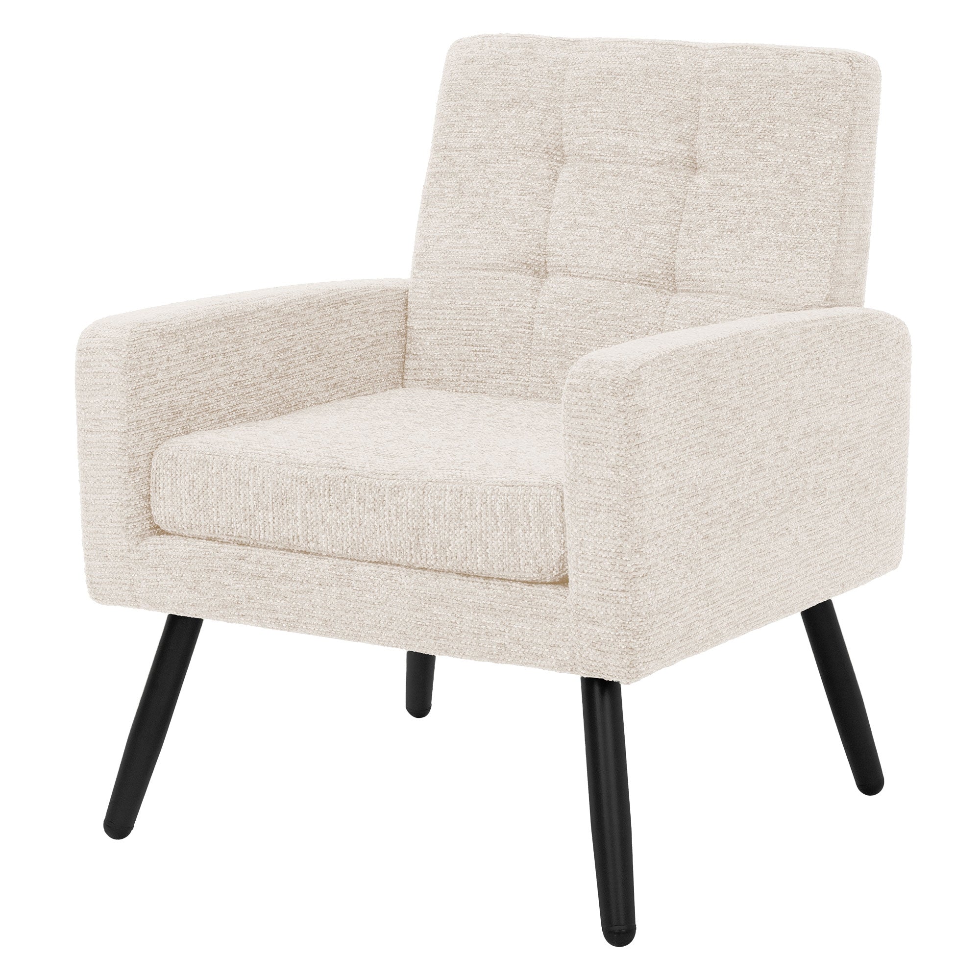Heller Sessel mit quadratischer Form und schwarzen Beinen.
