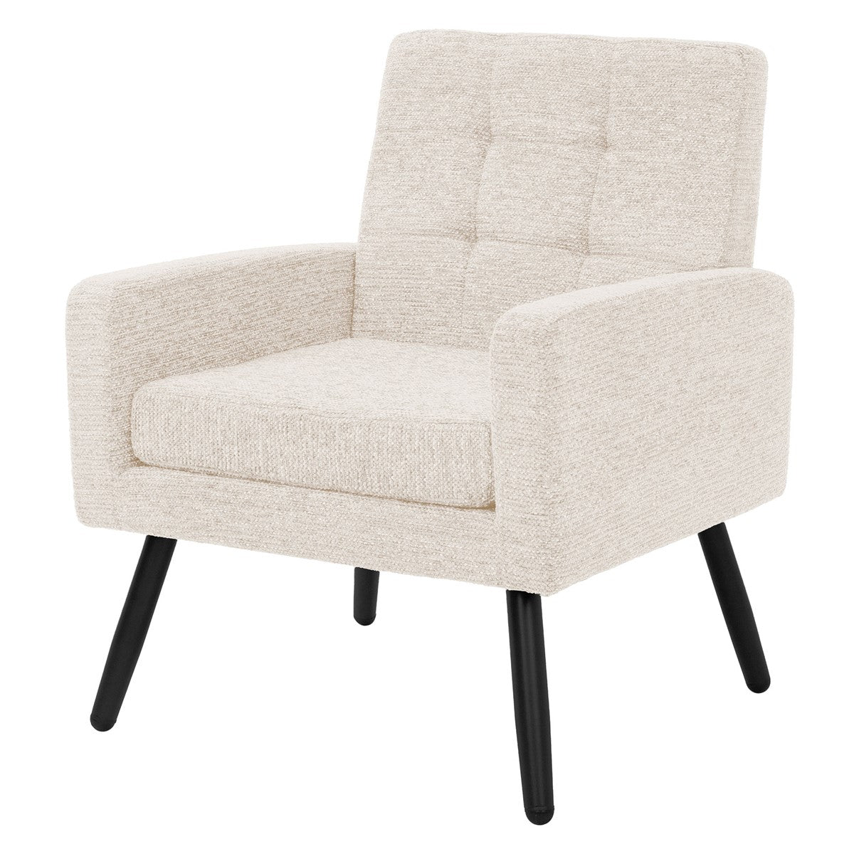 Light-colored armchair with a square shape and black legs.