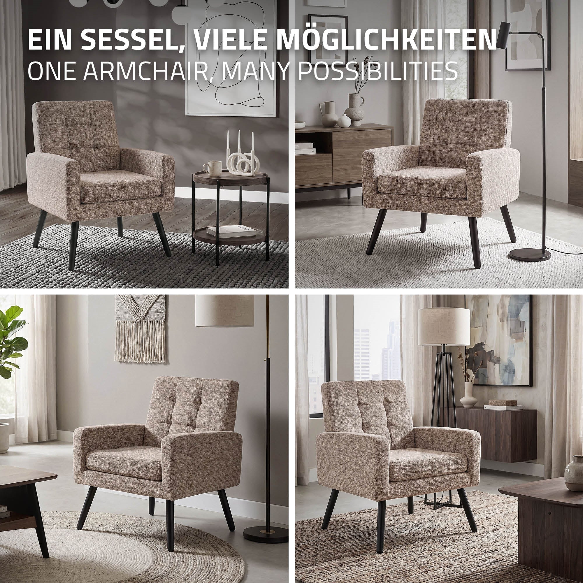 Collage of four armchairs in different colors and a table.