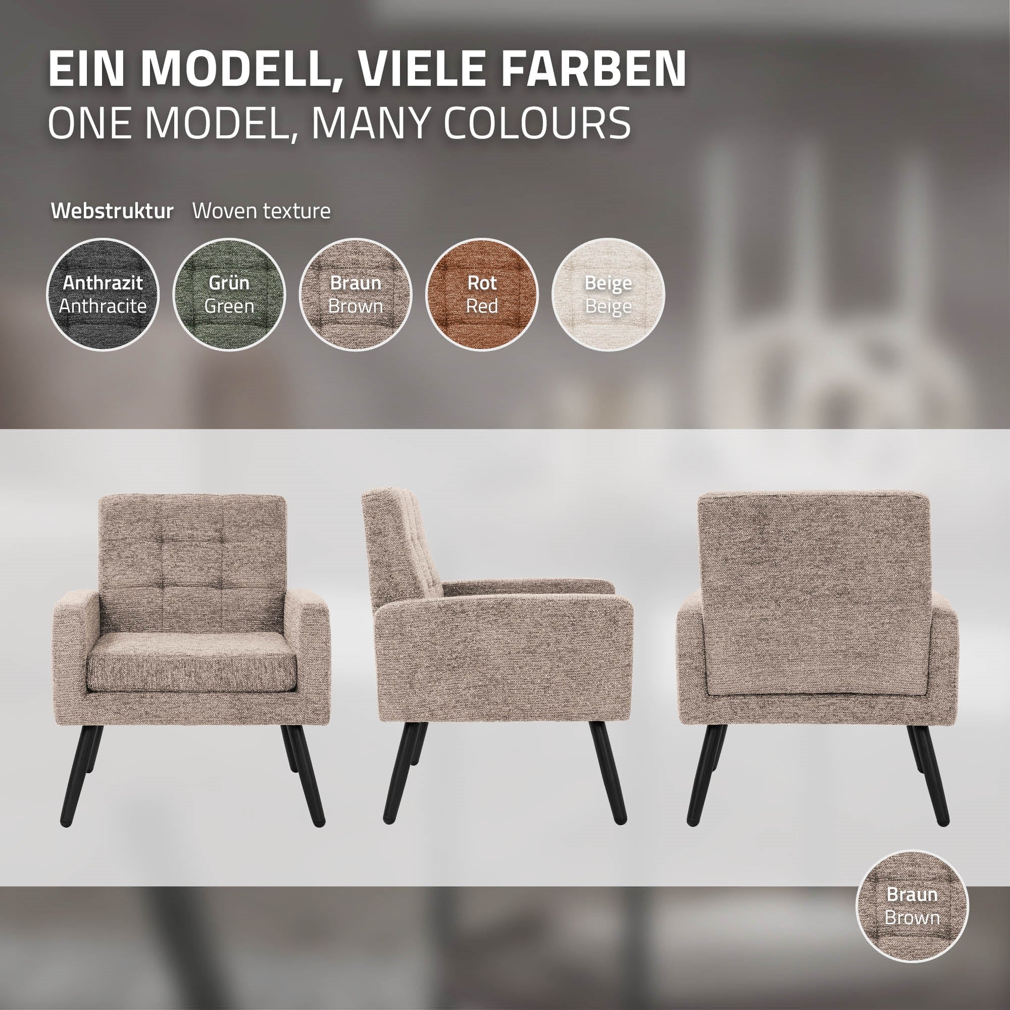 Seating furniture in various colors on a light background.
