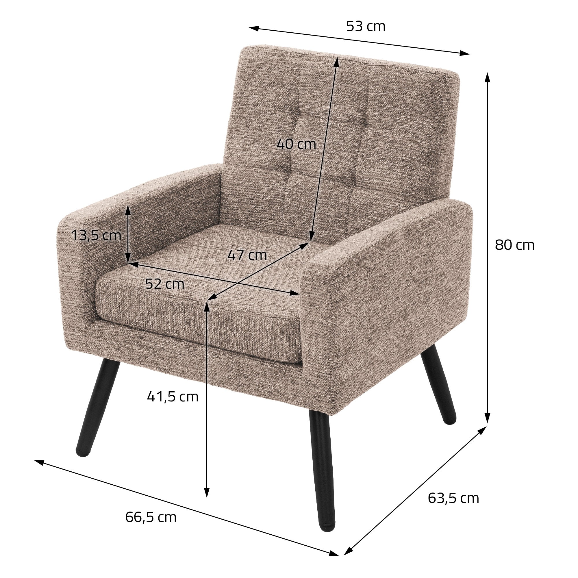 Beige armchair with dimensions: 53 cm width, 80 cm height, 63.5 cm depth.