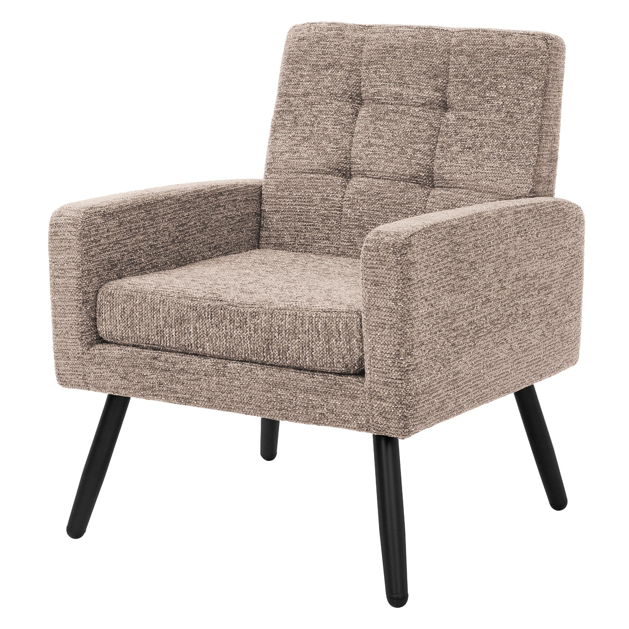 Beiger Sessel mit quadratischer Form und schwarzen Beinen.