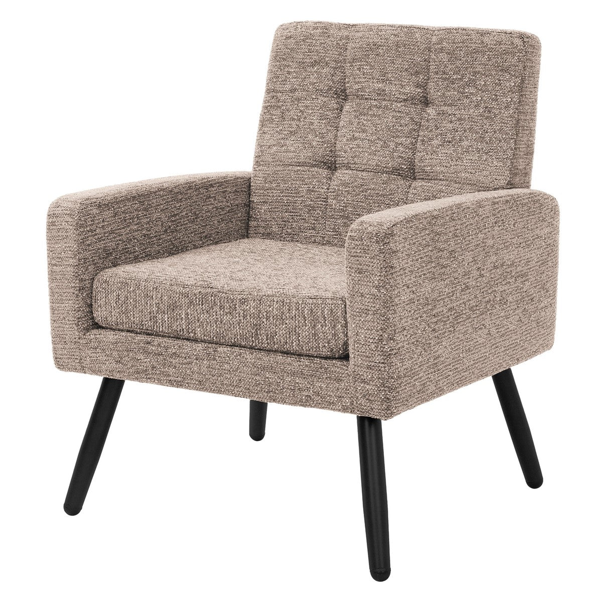 Beige armchair with a square shape and black legs.