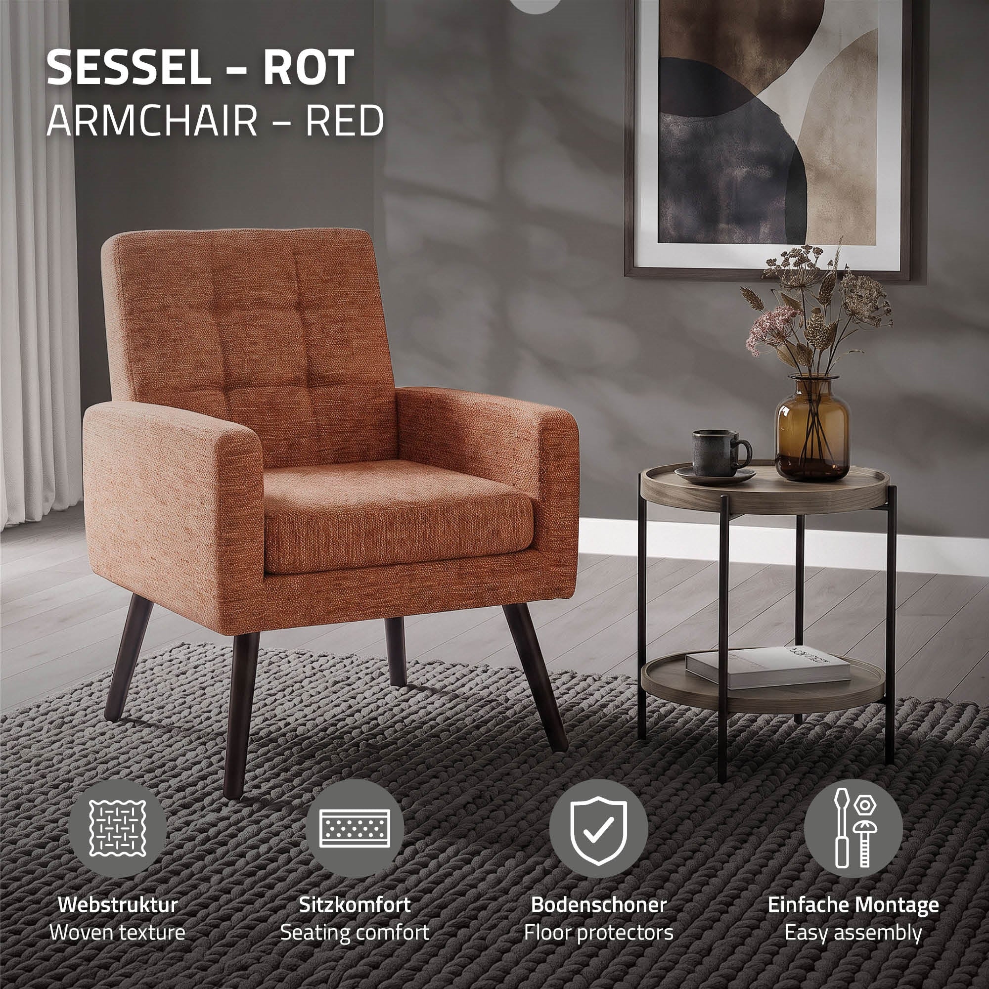 Brauner Sessel mit Informationen zu Webstruktur und Montage.
