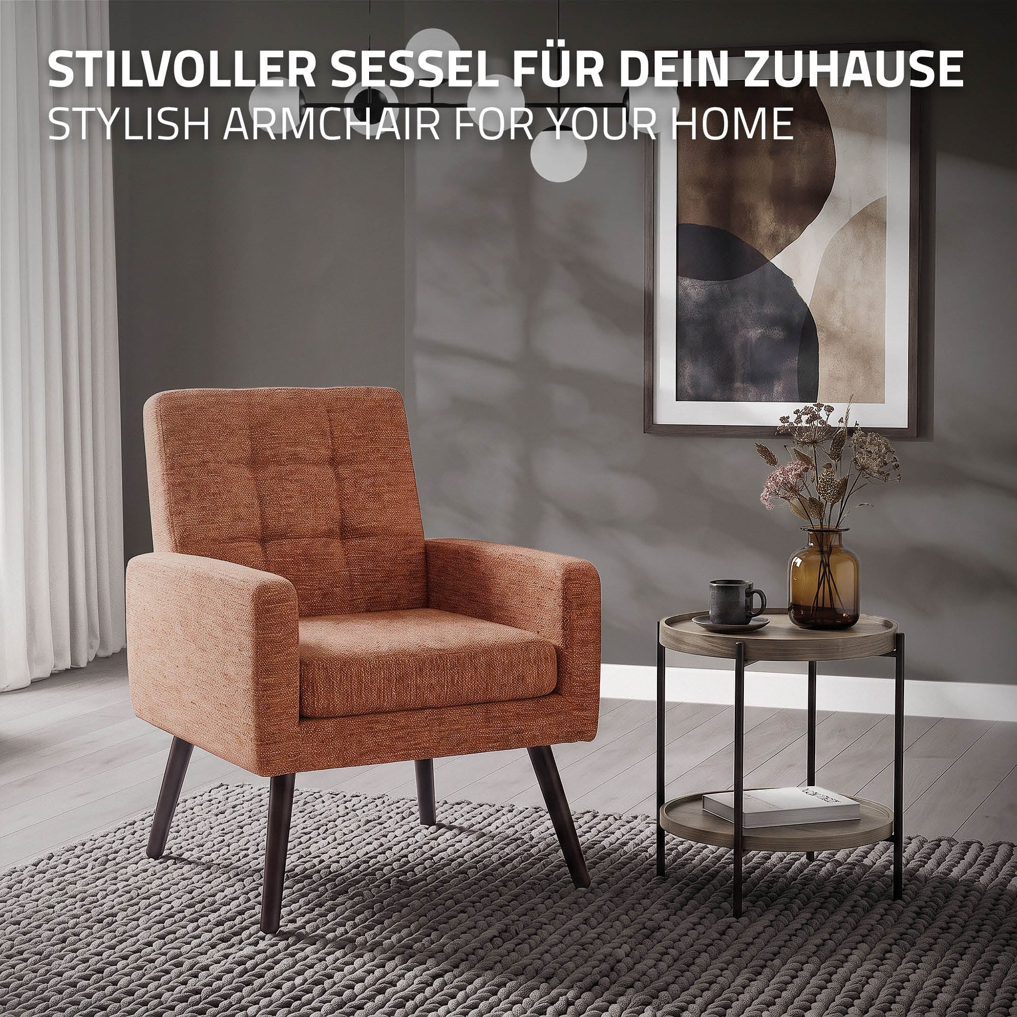 Sillón naranja en una habitación moderna con una mesa pequeña.