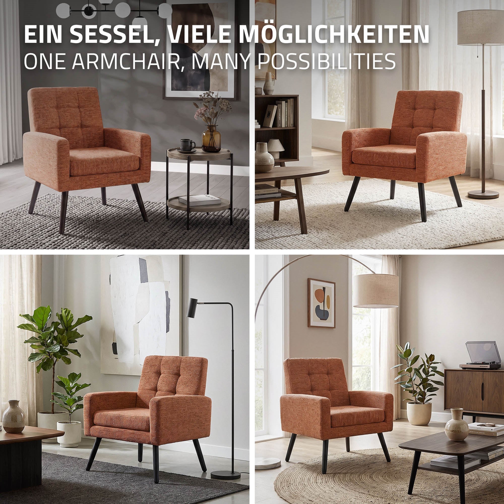 Cuatro imágenes de una sala de estar con diferentes disposiciones de un sillón naranja.