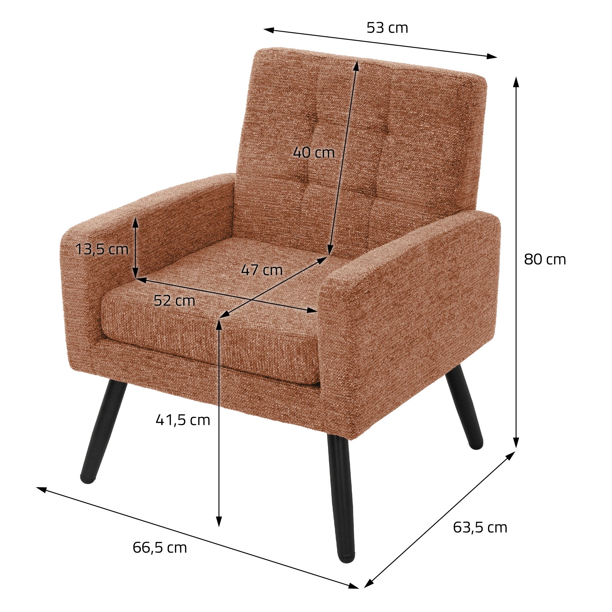 Sillón marrón con medidas: 53 cm de ancho, 80 cm de alto, 63,5 cm de profundidad.