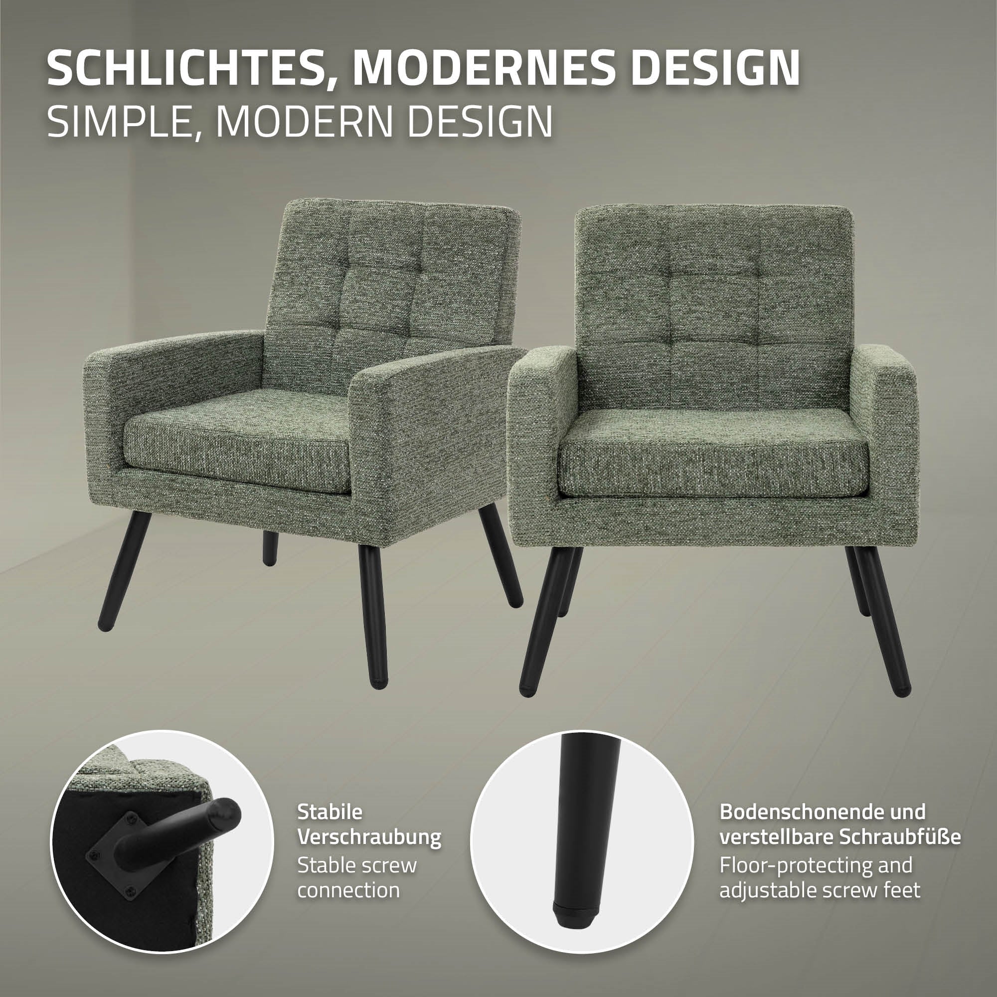 Two gray armchairs with sturdy screws and adjustable feet.