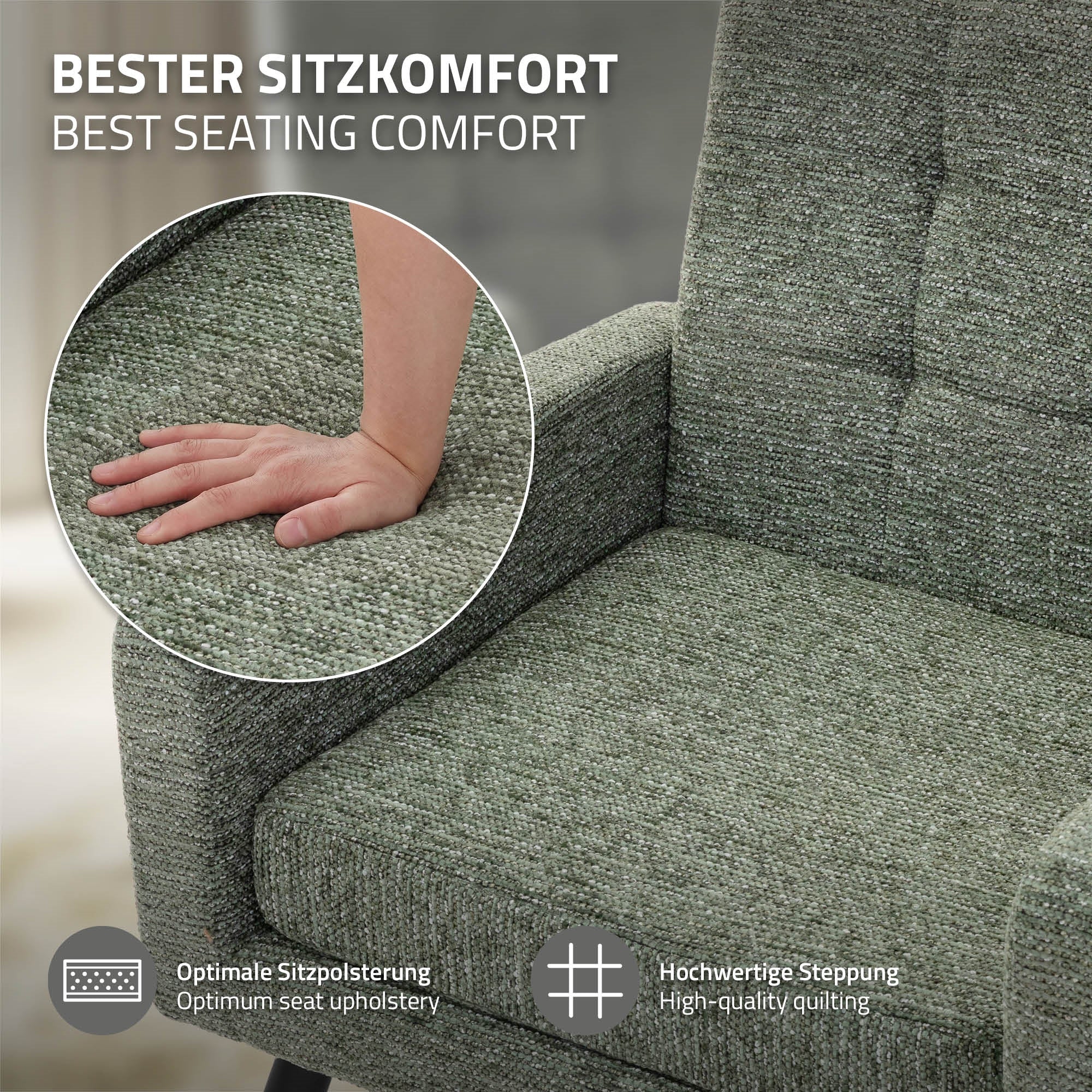 Hand on a gray armchair, showing optimal seating comfort.