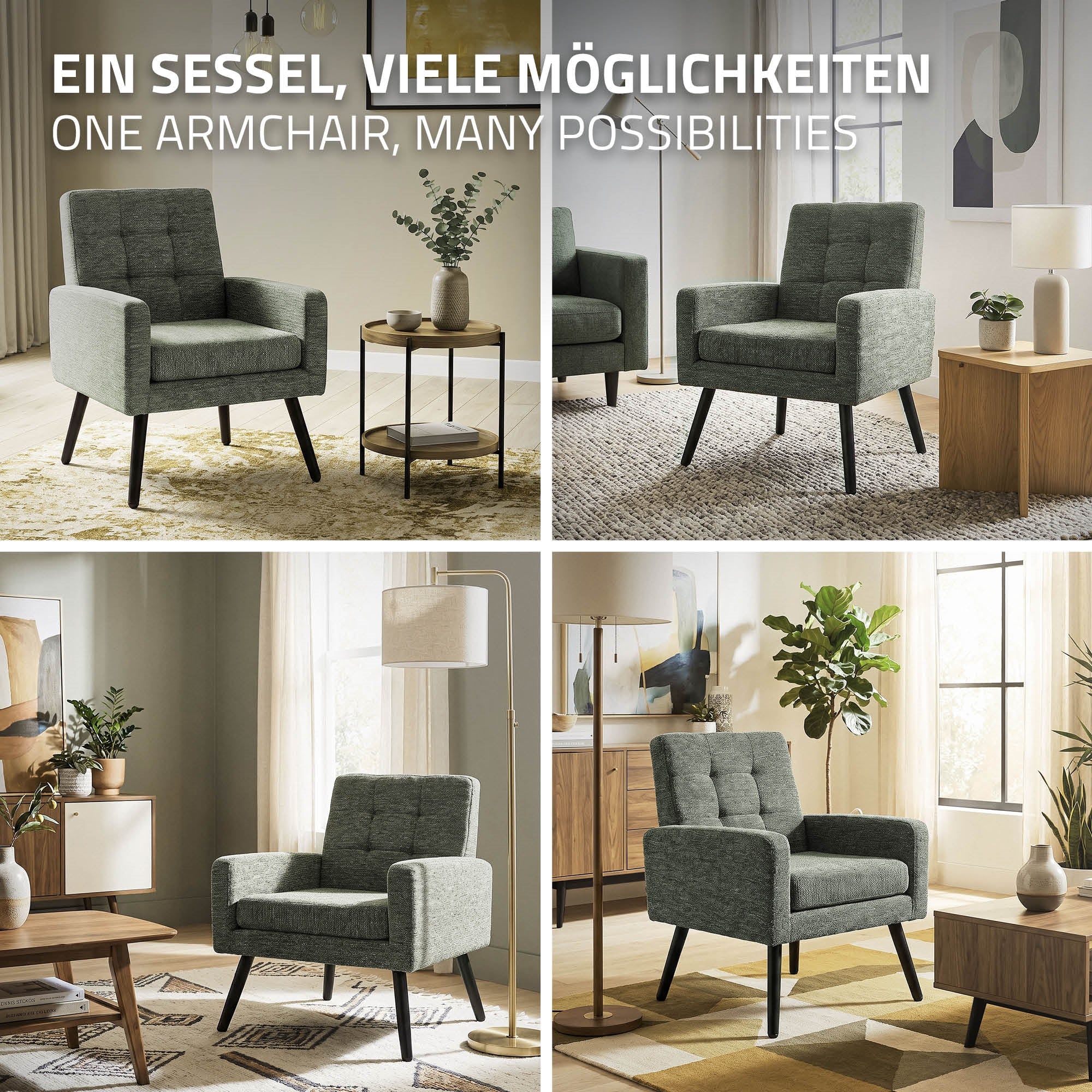 A living room with a green armchair and various pieces of furniture.