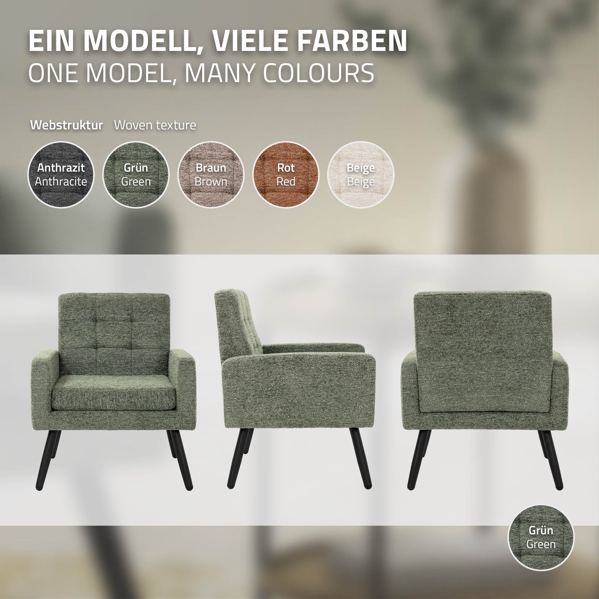 An armchair in various colors, shown from the front, back, and side.
