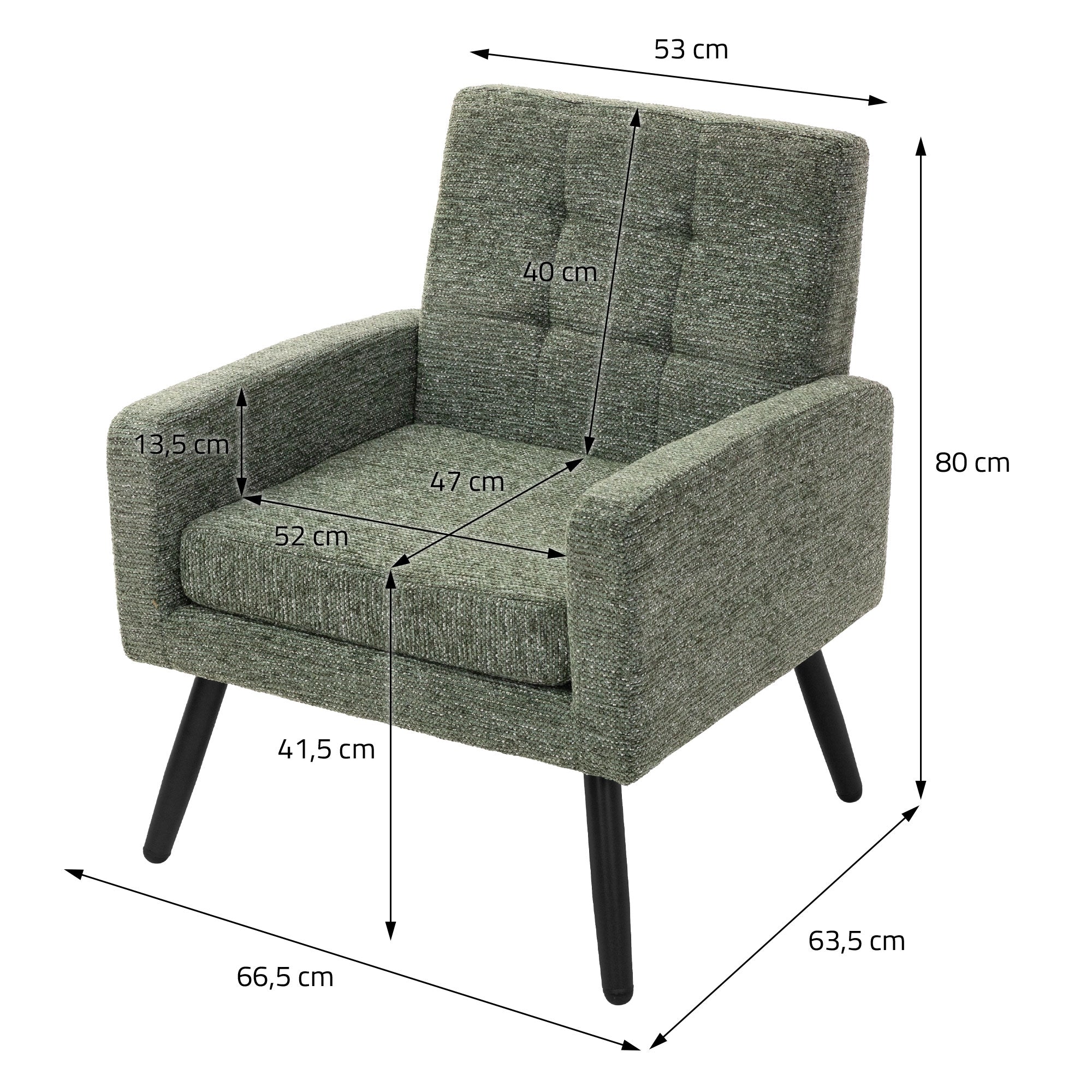 A green armchair with measurements and details about the dimensions.
