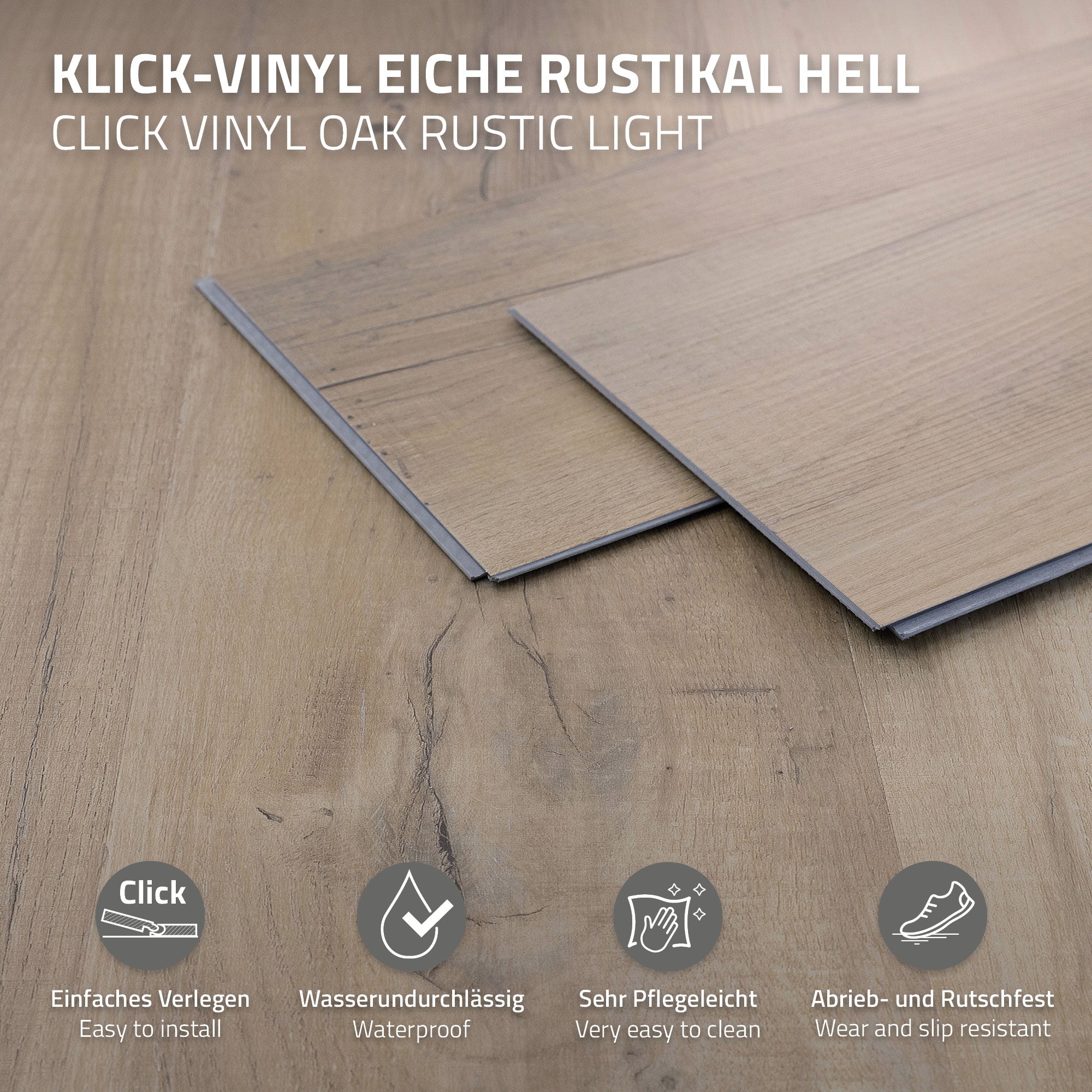Klick-Vinylboden in Eiche rustikal hell, mit Pflegehinweisen.