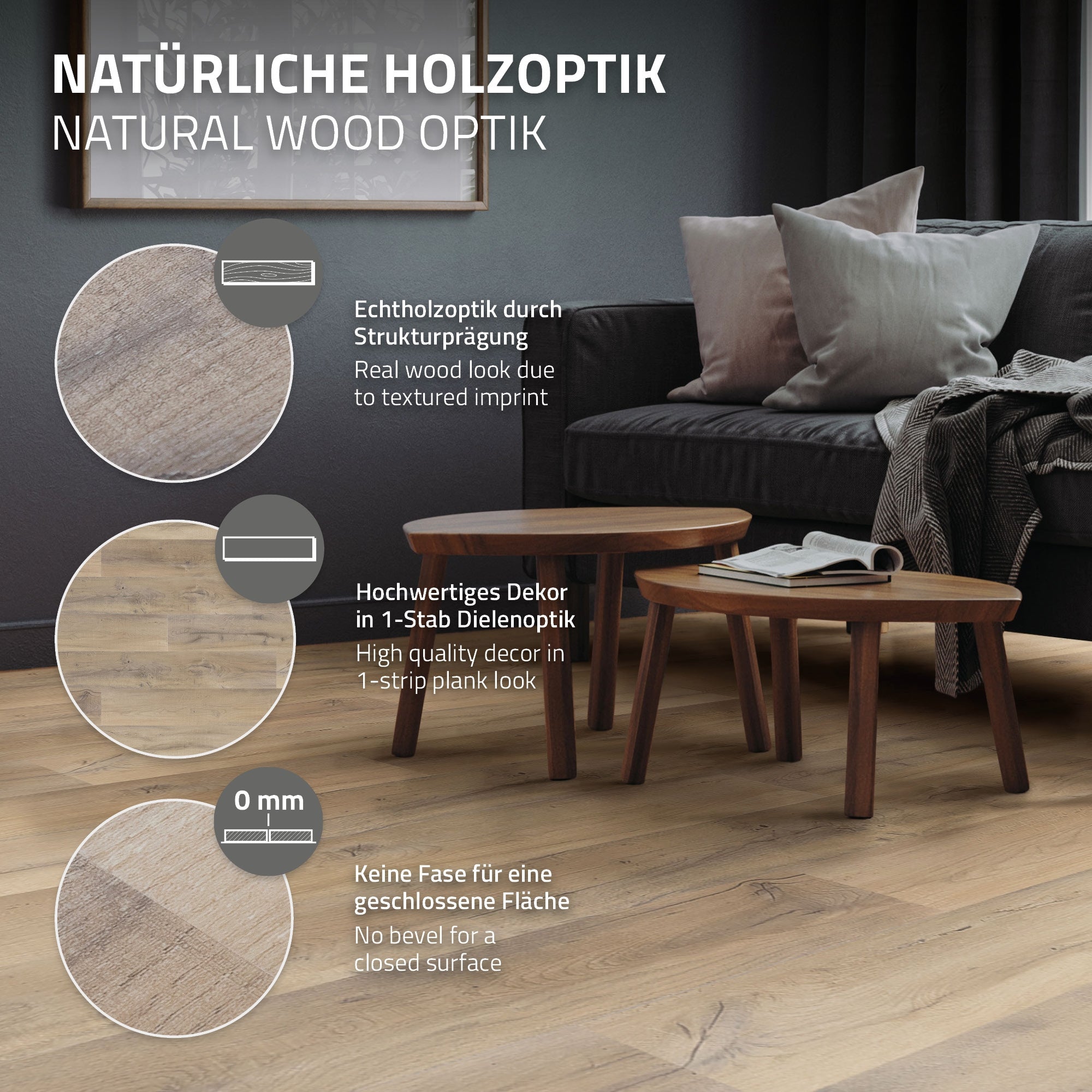 Holzboden mit Strukturprägung und zwei kleinen Tischen im Raum.
