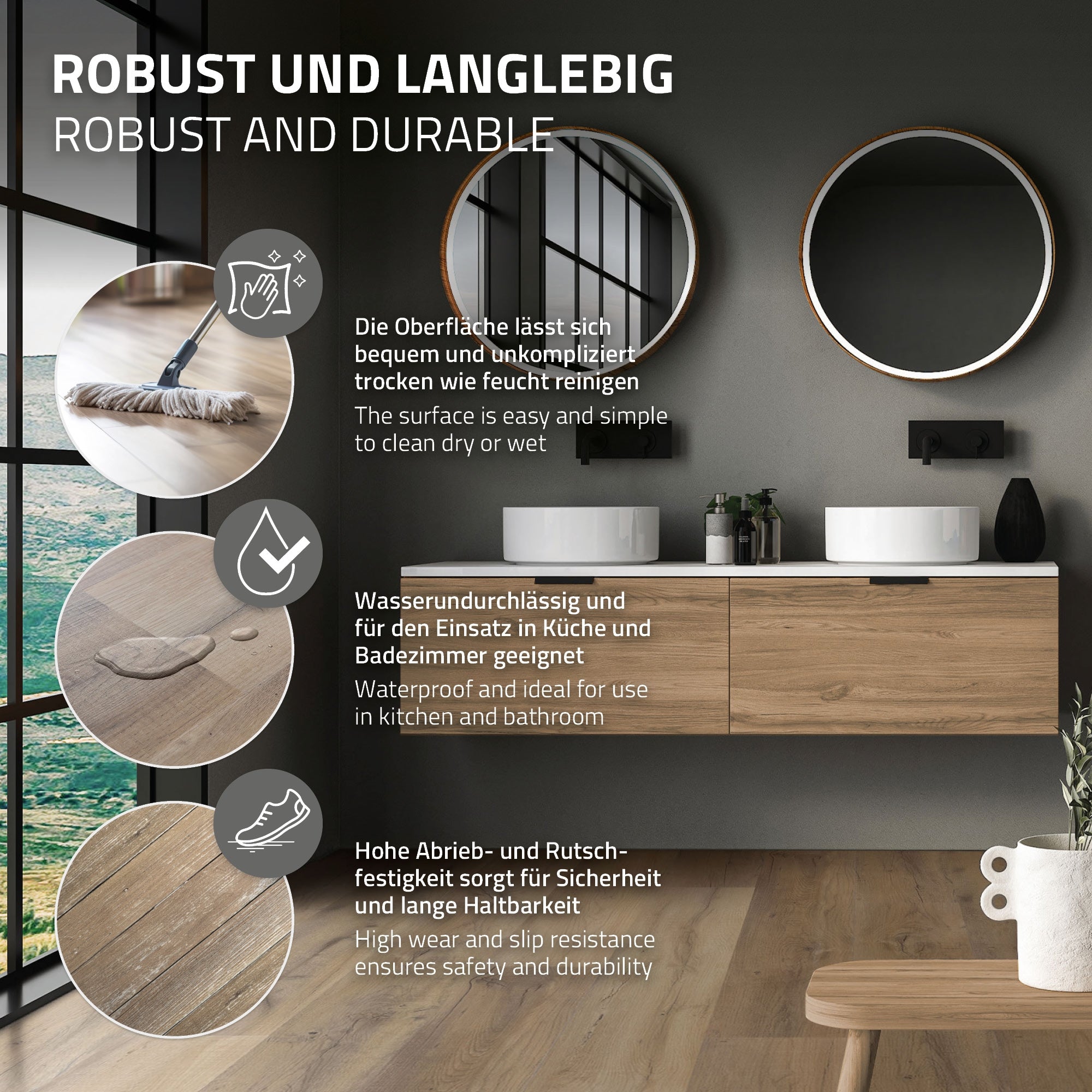 Hinweise zur Robustheit und Pflege des Klick-Vinylbodens.