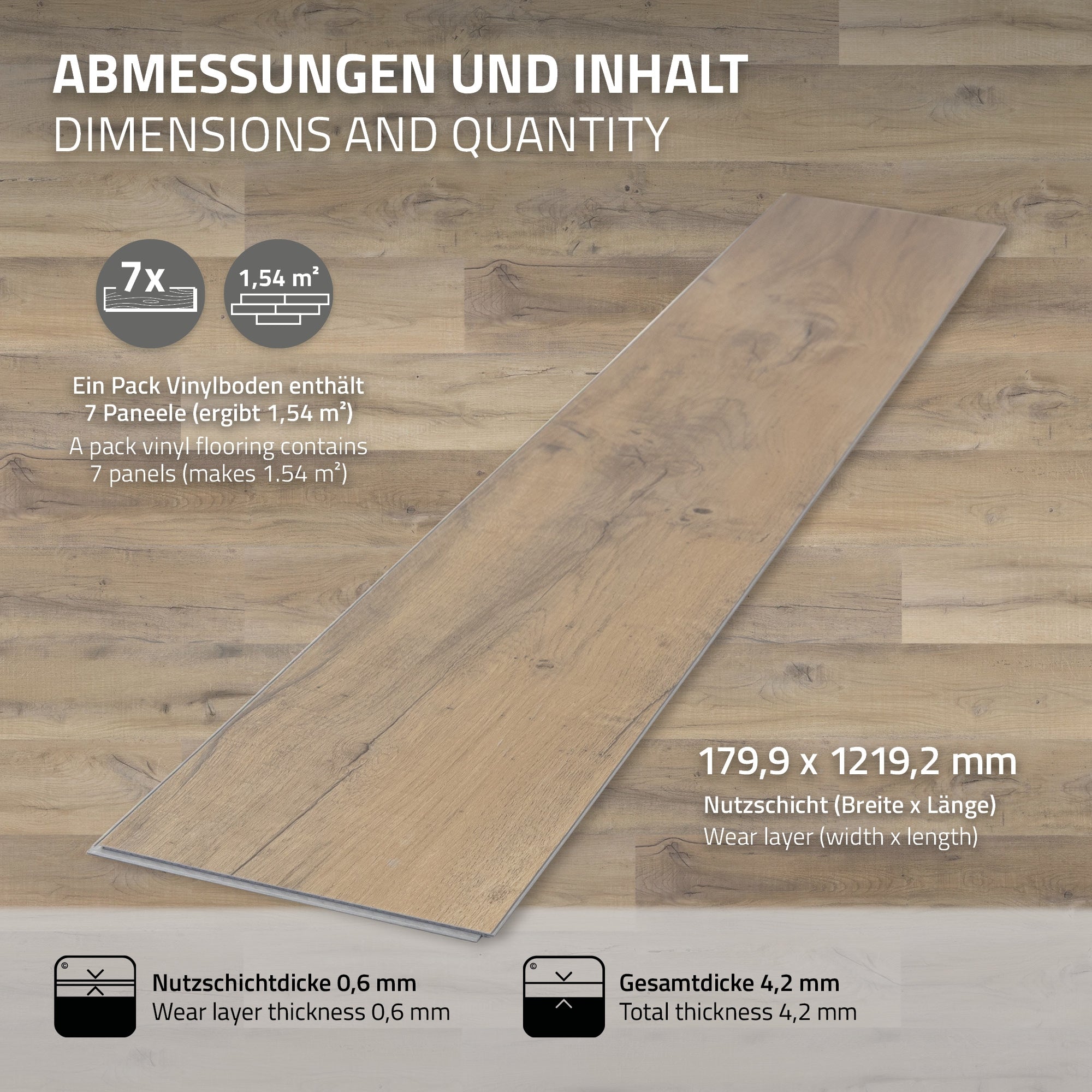 Emballageindhold og dimensioner af et vinylgulv med 7 paneler.