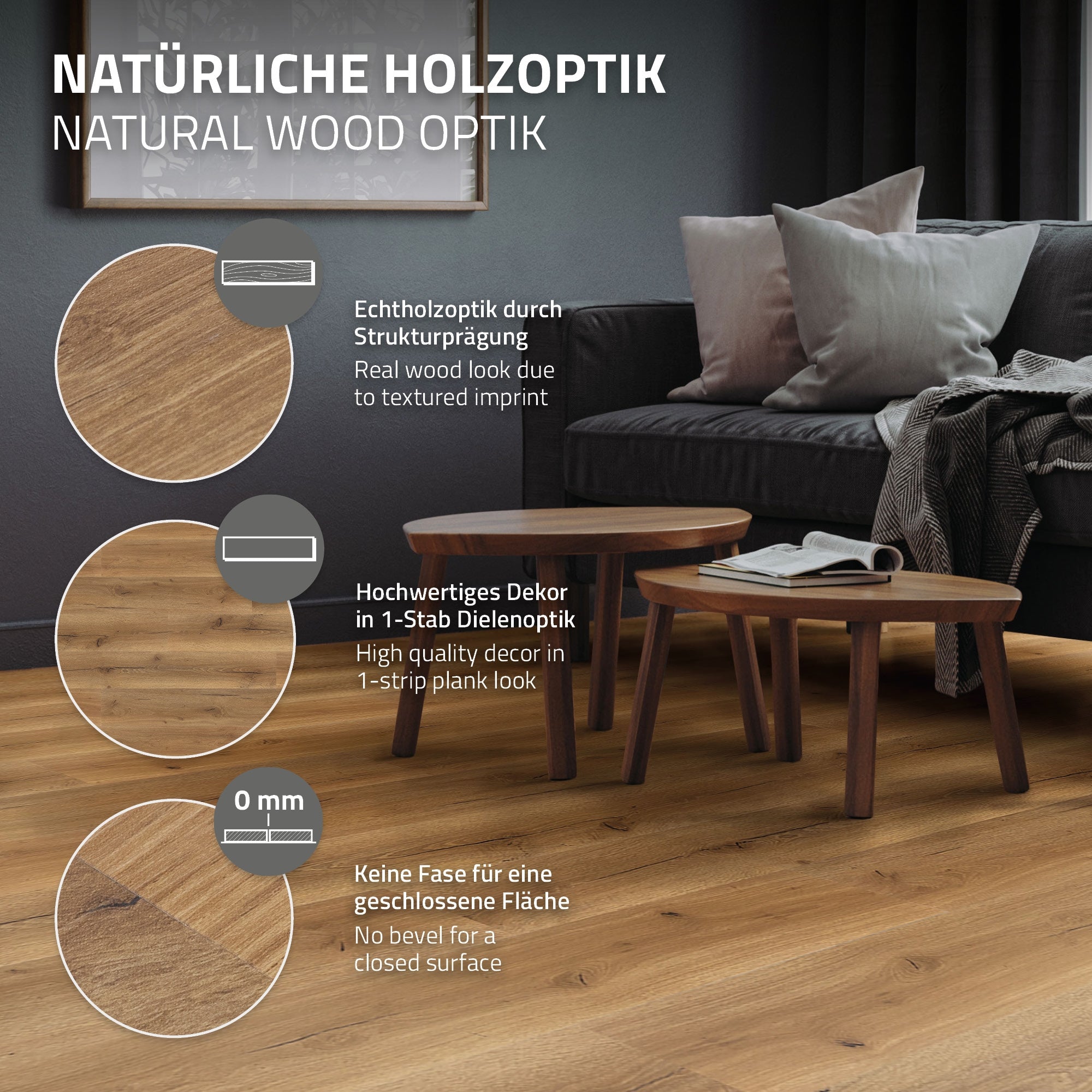 Holzboden mit Strukturprägung und zwei kleinen Tischen im Raum.